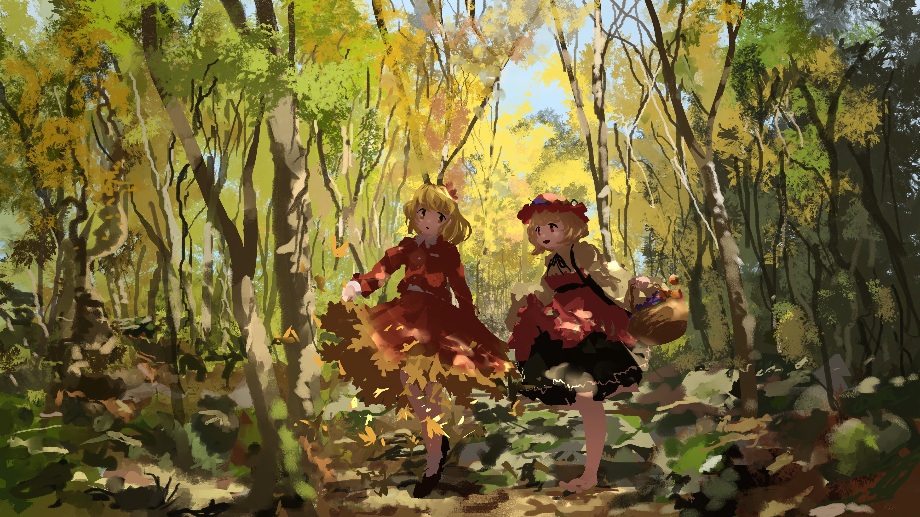he image is a digital painting depicting two animestyle girls walking through a sunlit autumn forest.  both girls wear dresses; one is red and the other is mostly black with red accents. they are surrounded by colorful fall foliage, with leaves clinging to their dresses and scattered on the ground. one girl carries a basket, possibly filled with foraged items. the style is painterly and whimsical, with a focus on light and color. the overall mood is magical and serene.