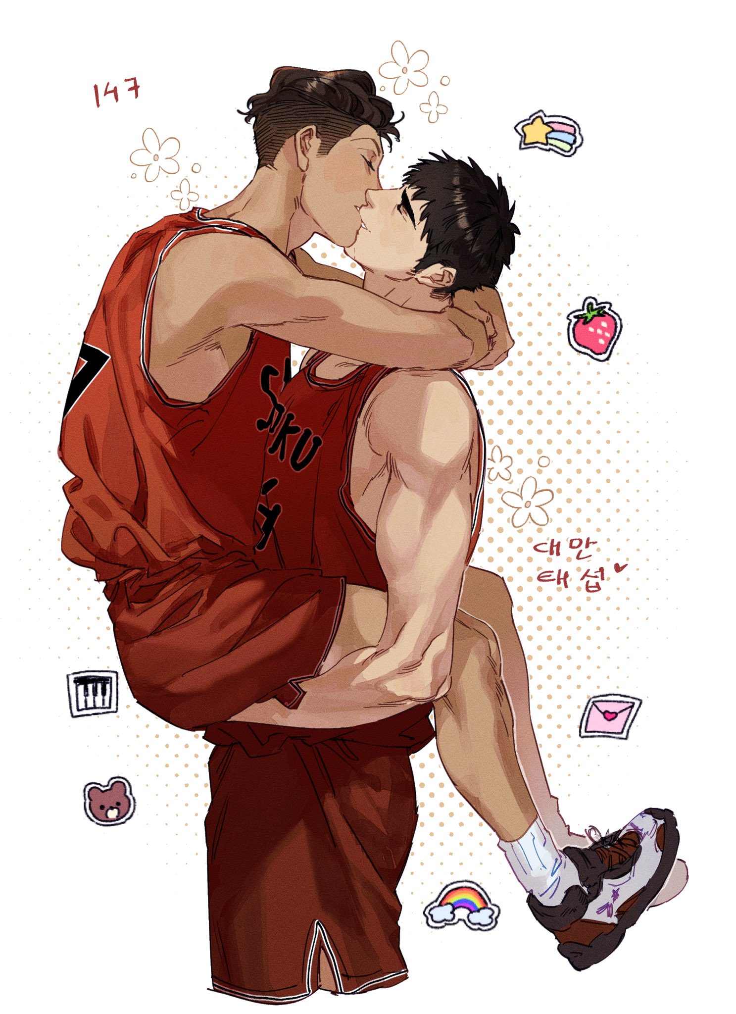 the image features two anime boys, one with black hair and the other with brown hair, who are in