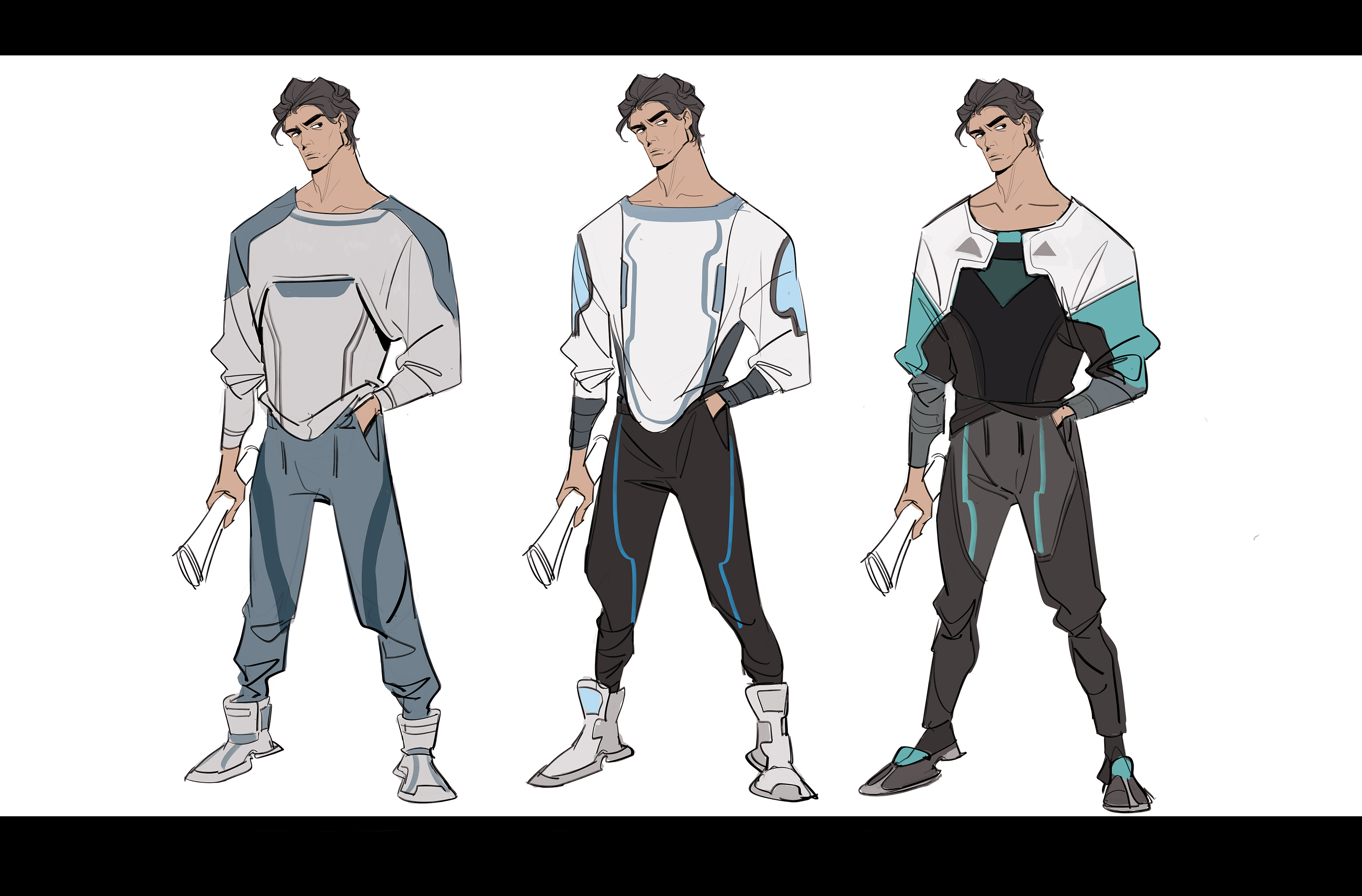 the image showcases three variations of a male character design.  each variation features the same character model with a similar hairstyle and body type, but different clothing choices.  the clothing appears futuristic or scifi inspired, with a mix of casual and techinfluenced elements. the character in each design is holding what appears to be rolledup blueprints or papers. the color palettes are consistent across all three options with varying shades of grey, white, teal, and black. the art style is clean, with sharp lines and a slightly stylized, possibly animeinfluenced aesthetic. the illustration is likely concept art for a character in animation or a video game.