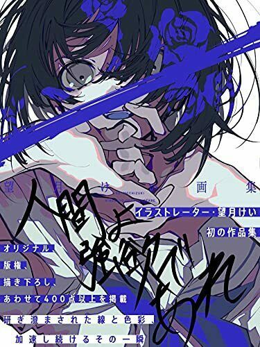 the image shows the cover of an art book by the illustrator 望月けい (mochizuki kei). the cover features a striking illustration of a young woman with dark hair, partially obscuring her face with her hands. her expression is somewhat melancholic.  the style is a mix of anime and manga influences, using bold lines and a vibrant color palette dominated by shades of blue and purple.  abstract brush strokes and splashes add to the dramatic and slightly chaotic visual effect.  japanese text on the cover indicates this is the artist's first collection of artwork.