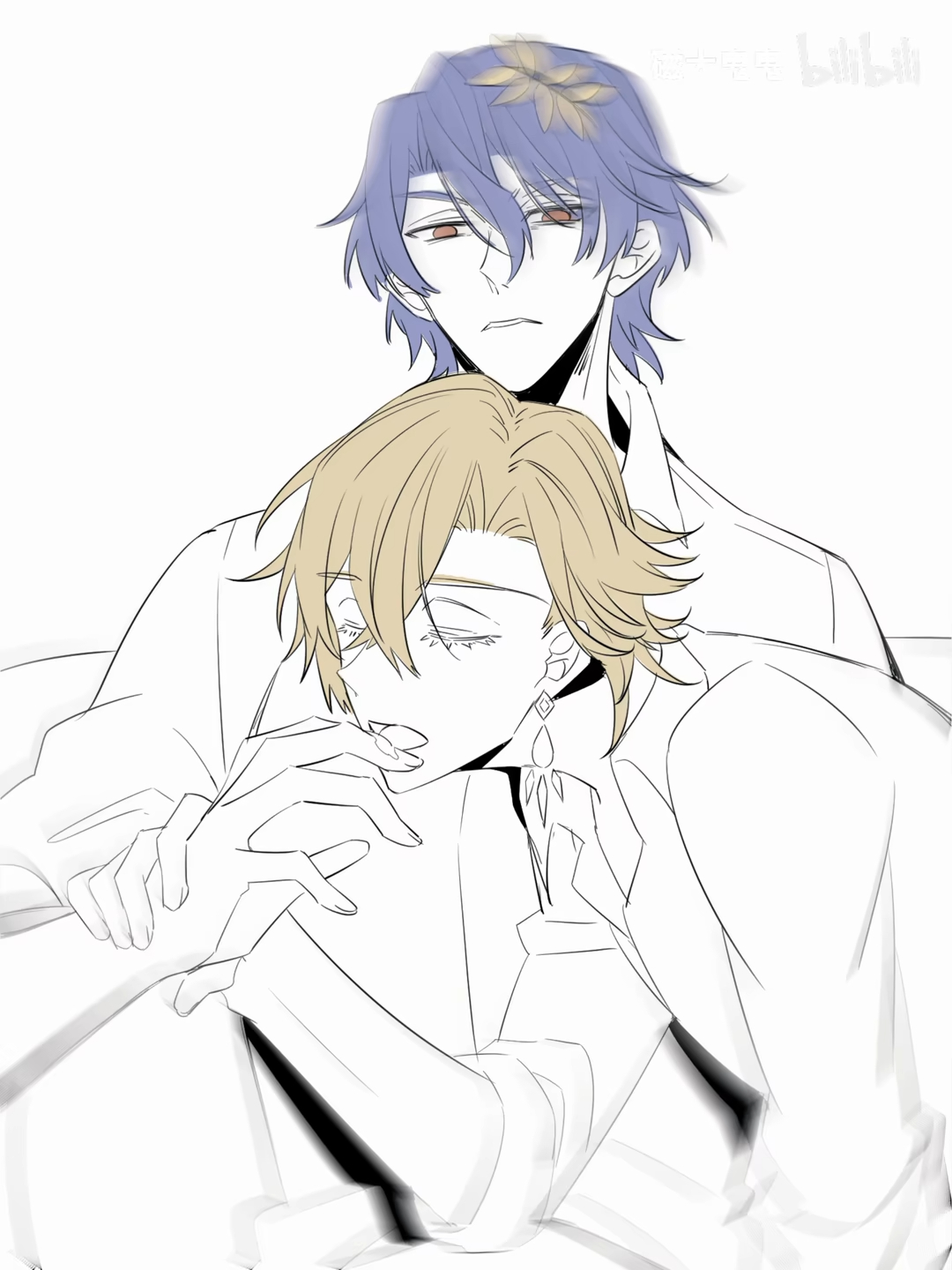the image is a digital drawing or sketch of two animestyle boys in an intimate embrace. the boy on top has blue hair adorned with a small flower and a serious expression. the boy underneath has blond hair and appears relaxed or sleepy.  their embrace is gentle and affectionate. the style is clean and elegant, with simple lines and shading primarily in grayscale, giving it a calm and serene atmosphere.  the art suggests a romantic or intimate relationship between the two characters.