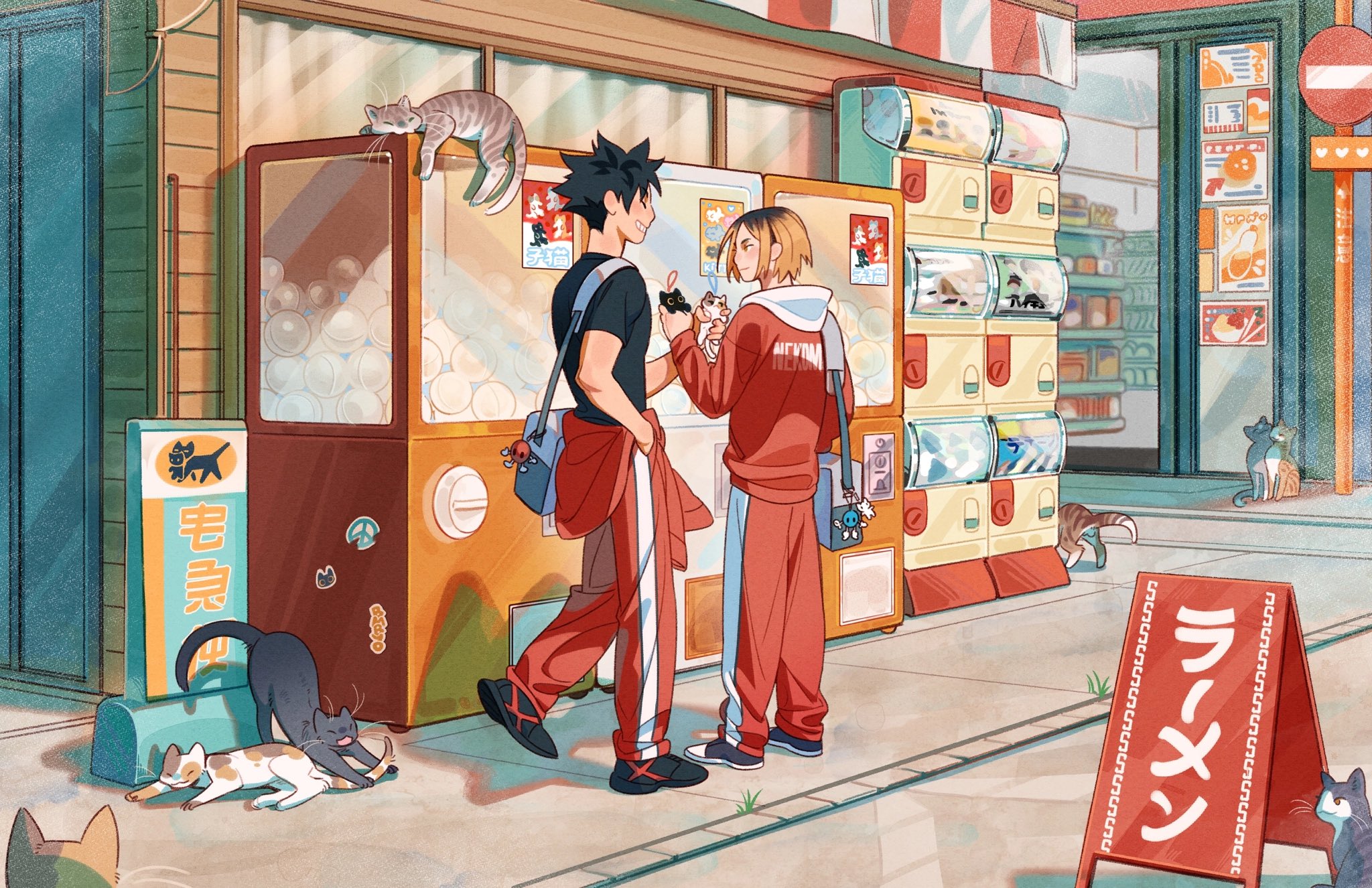 the image is a vibrant digital fanart depicting two popular characters, bokuto koutaro and akaashi keiji, from the anime/manga series haikyuu!!. they are standing on a sunny street in japan, near several vending machines filled with various goods.  several cats are scattered around the scene, some perched on the machines or relaxing on the pavement. the overall style is very cute and colorful, with a distinct anime aesthetic. the background includes a building with a ramen shop sign, which adds to the japanese setting. the characters look friendly and are interacting with small toys, possibly from a vending machine. the image is filled with warm, inviting colors and depicts a peaceful moment between the two characters in a charming setting.