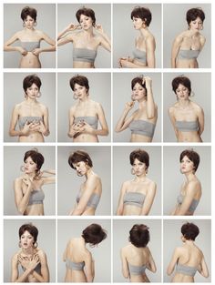 a grid of sixteen photos featuring the same woman against a plain gray background. she's wearing minimal makeup and a simple gray tube top, and her short brown hair is styled similarly in each image. the photos capture her in various poses, highlighting different angles and perspectives of her upper body. the lighting is consistent and emphasizes the simplicity of the setting and the subject.