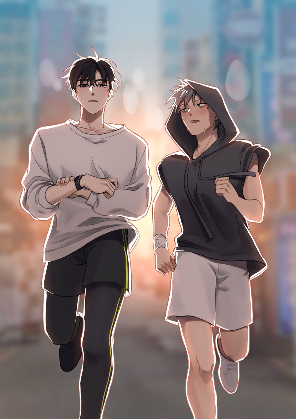 two anime boys are running down a street, side by side, during sunset. they are both smiling and appear to be happy. the boy in the front is wearing a grey hoodie and white shorts. he is also wearing a black sleeveless shirt over the hoodie. the boy in the back is wearing a white shirt and black shorts. he is also wearing a black watch on his left wrist. the two boys are having a great time running together and their friendship is evident.