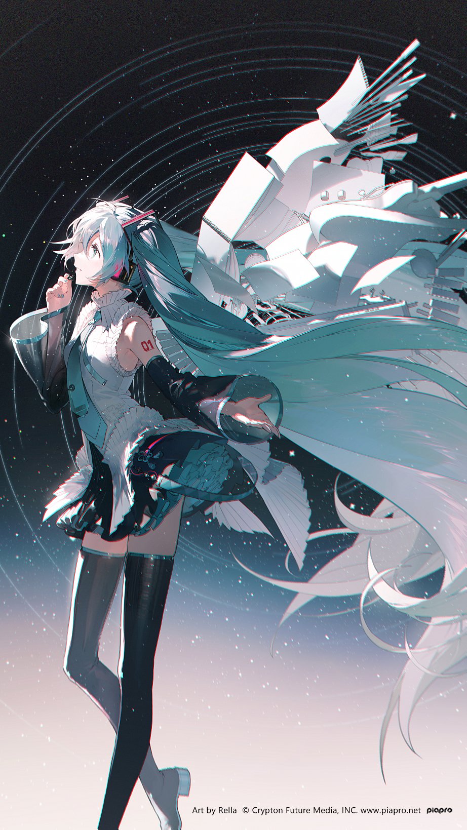 an animestyle drawing of hatsune miku with long white hair and futuristic attire against a space background with stars and concentric circles. she is wearing a short dress and black stockings, with a large geometric structure behind her.