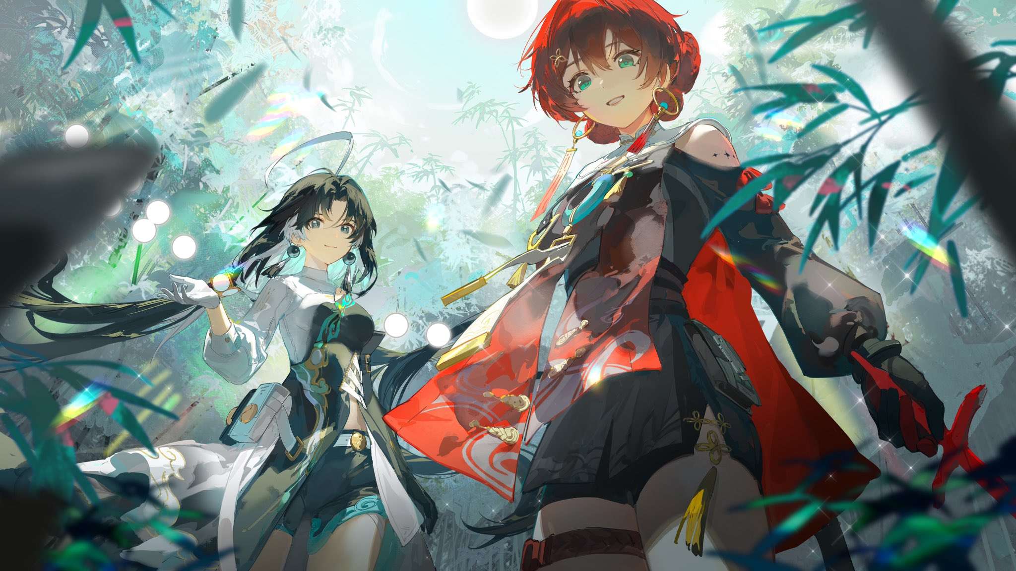 the image showcases two animestyle girls, possibly from the video game genshin impact, standing in a lush bamboo forest. one girl has long, flowing black hair and is dressed in a lightcolored, traditional chineseinspired outfit, while the other has vibrant red hair and wears a more elaborate, red and black outfit. they appear to wield magical or elemental powers, with shimmering light effects surrounding them.  the art style is vibrant and detailed, with a focus on dynamic poses and expressive character designs. the overall atmosphere is fantastical and captivating.