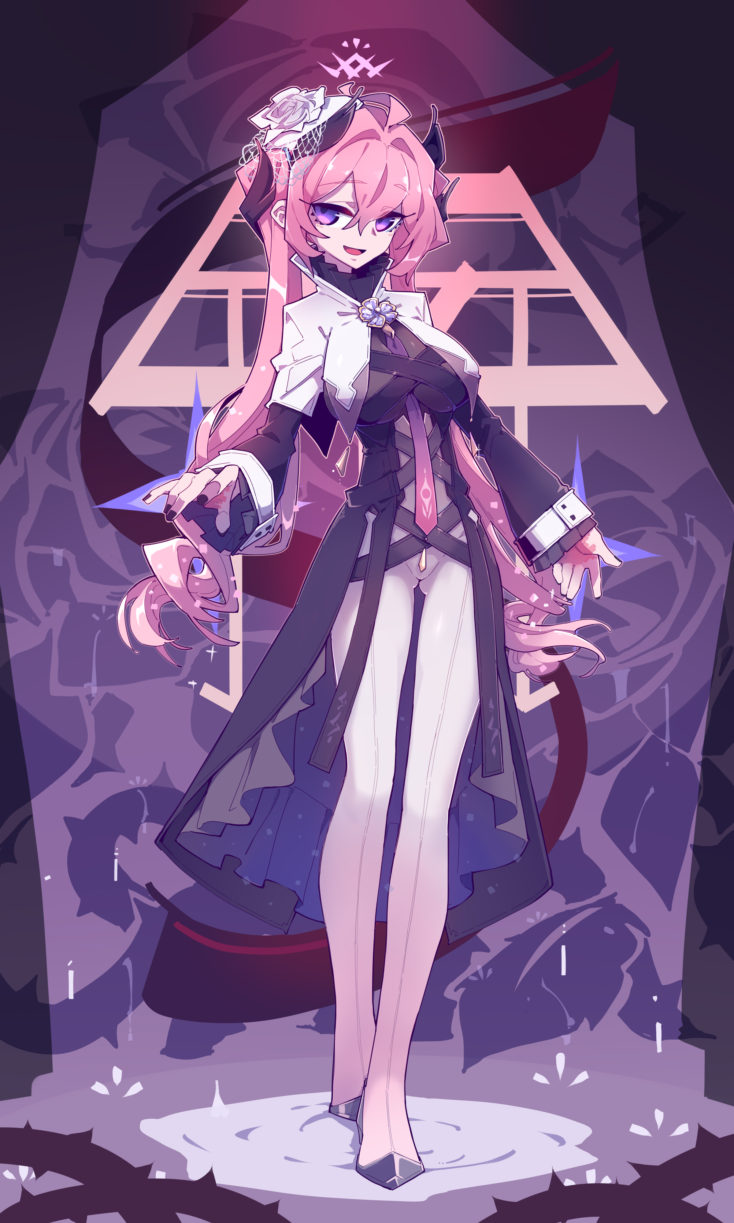 a full shot of an anime girl with long pink hair standing on a surface that has thorns growing on it, with a triangle behind her. she has a rose ornament and horns on her head, as well as a tiara above her. she wears a white and black dress with white leggings, and has jewels on her dress and a jewel pendant. she has gauntlets with gloves on her hands. the image has a purple background and a light purple aura around her. she has purple eyes and a sinister smile.