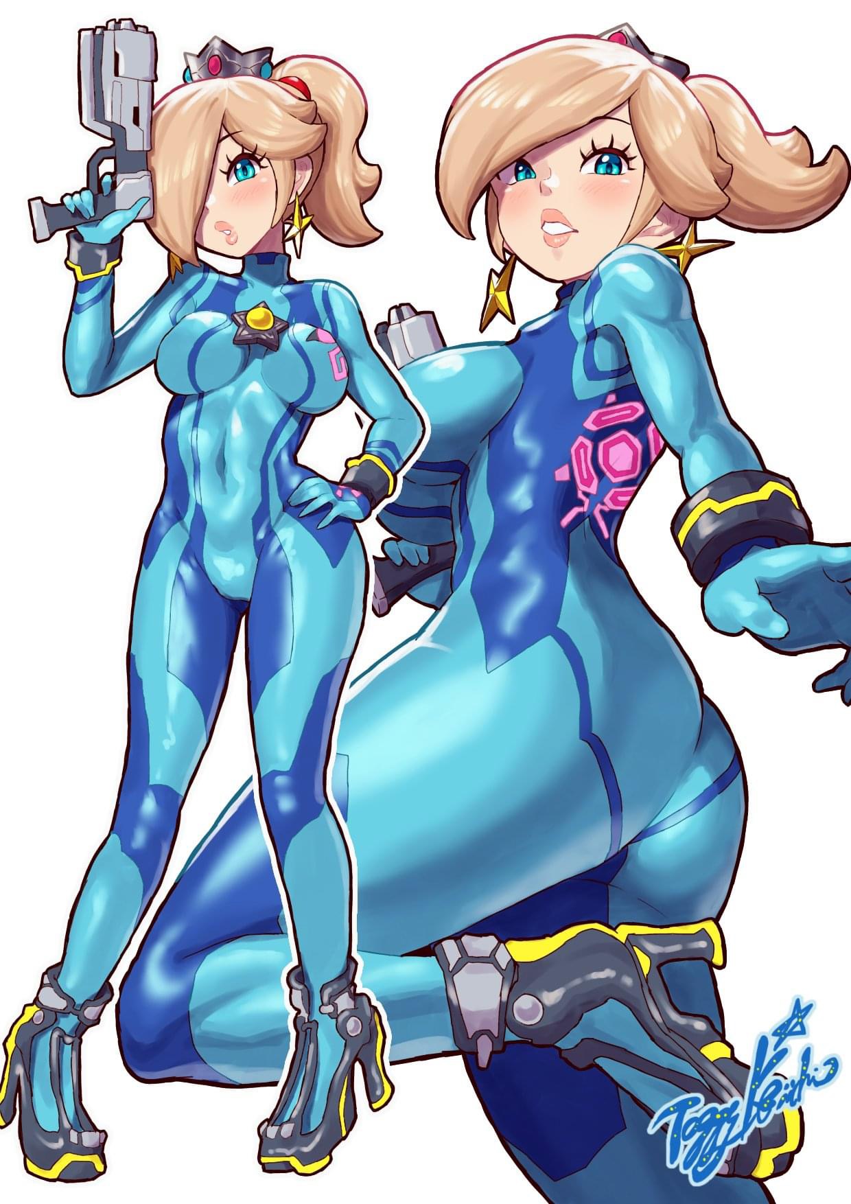 a digital illustration of samus aran from the metroid series.  she is in her power suit with her blaster in her hand.  she is standing in a heroic pose.