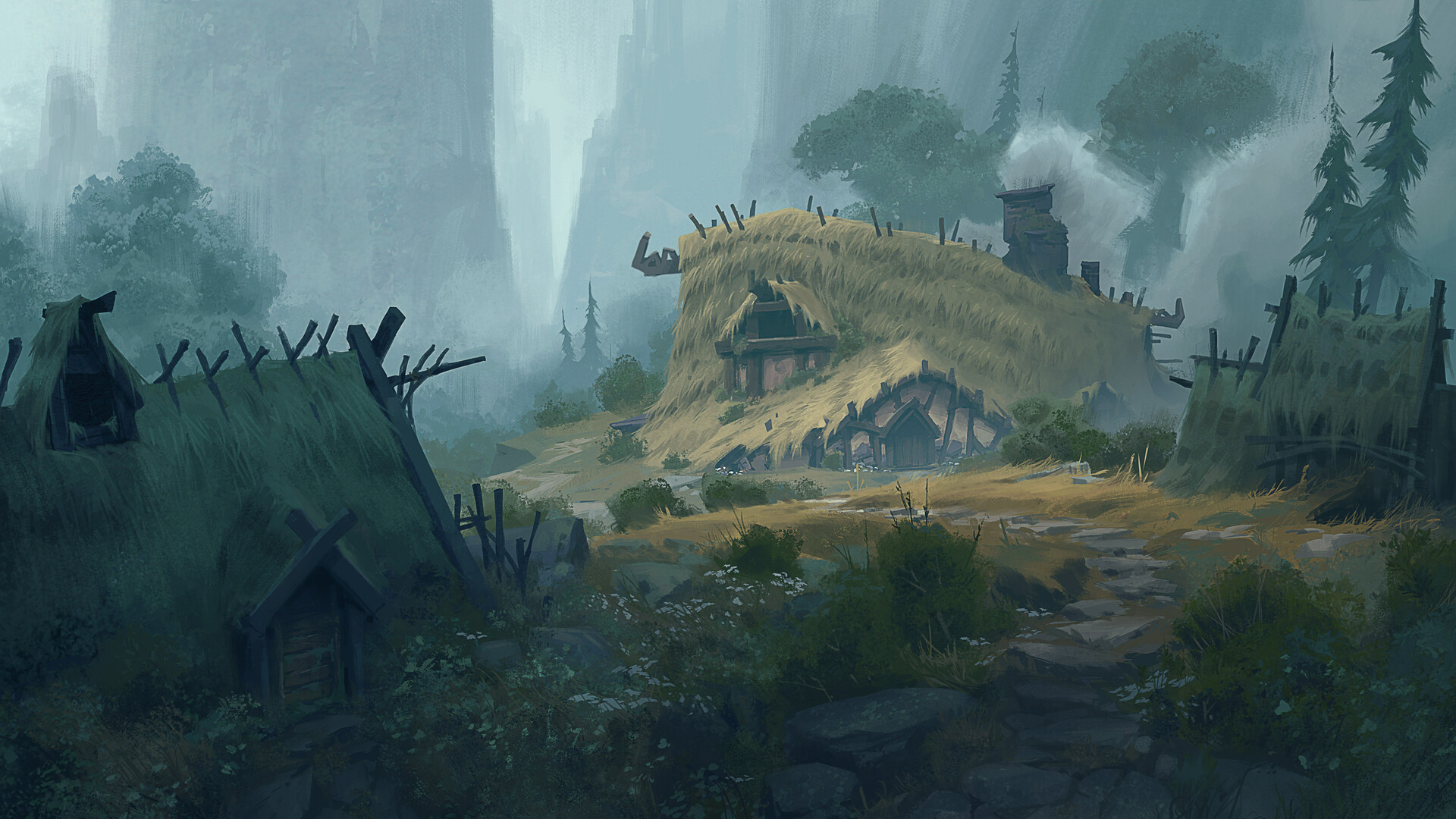 a digital painting of a small village of thatchedroof houses built with stone and wood. there are mountains in the background that disappear into the fog. the path is dirt with rocks and grass growing between them. trees and bushes are scattered around the image. the overall image is dark with shades of green.