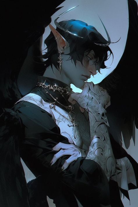 a digital illustration of a male angel with dark, feathered wings. the angel has bluetinged skin, black hair, and pointed ears, suggesting elven heritage.  he's adorned with intricate silver jewelry, including a halo, earrings, and a choker.  his arms are covered in detailed tattoos, some appearing skeletal in nature. he wears a dark, possibly velvet, jacket that's open, revealing more tattoos on his chest. the overall color palette is dark and moody, with soft lighting that emphasizes the angel's somber expression.