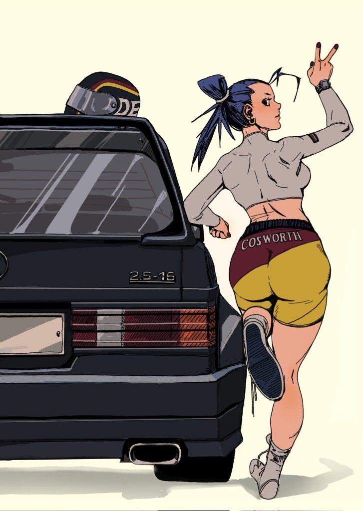 an animestyle image features a woman standing next to a black mercedesbenz 190e 2.516 cosworth. she is wearing a grey longsleeved top and yellow and maroon shorts with "cosworth" printed on the back. she's also wearing sneakers and a watch, giving a peace sign with her right hand. a racing helmet sits on the car's rear, and the car's taillight is visible along with a "2.516" badge.