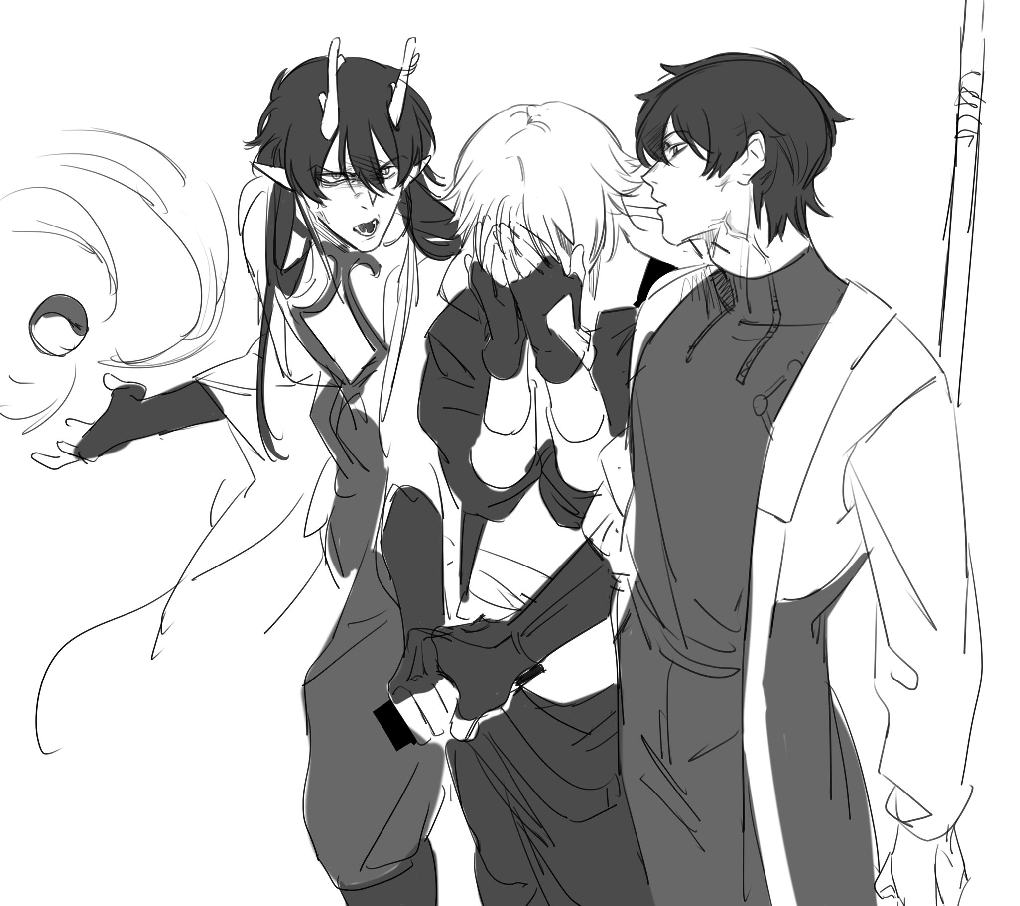 a black and white sketch of three anime characters, two males and one female, standing close together.  the male in the center has his hands in front of his face and seems troubled or scared while the two others are looking at him. the one on the left seems to be telling him something with a look of determination. the character on the right has a calm and serious expression, looking at the character in the center. the sketch is made with a simple style, using lines and shading.