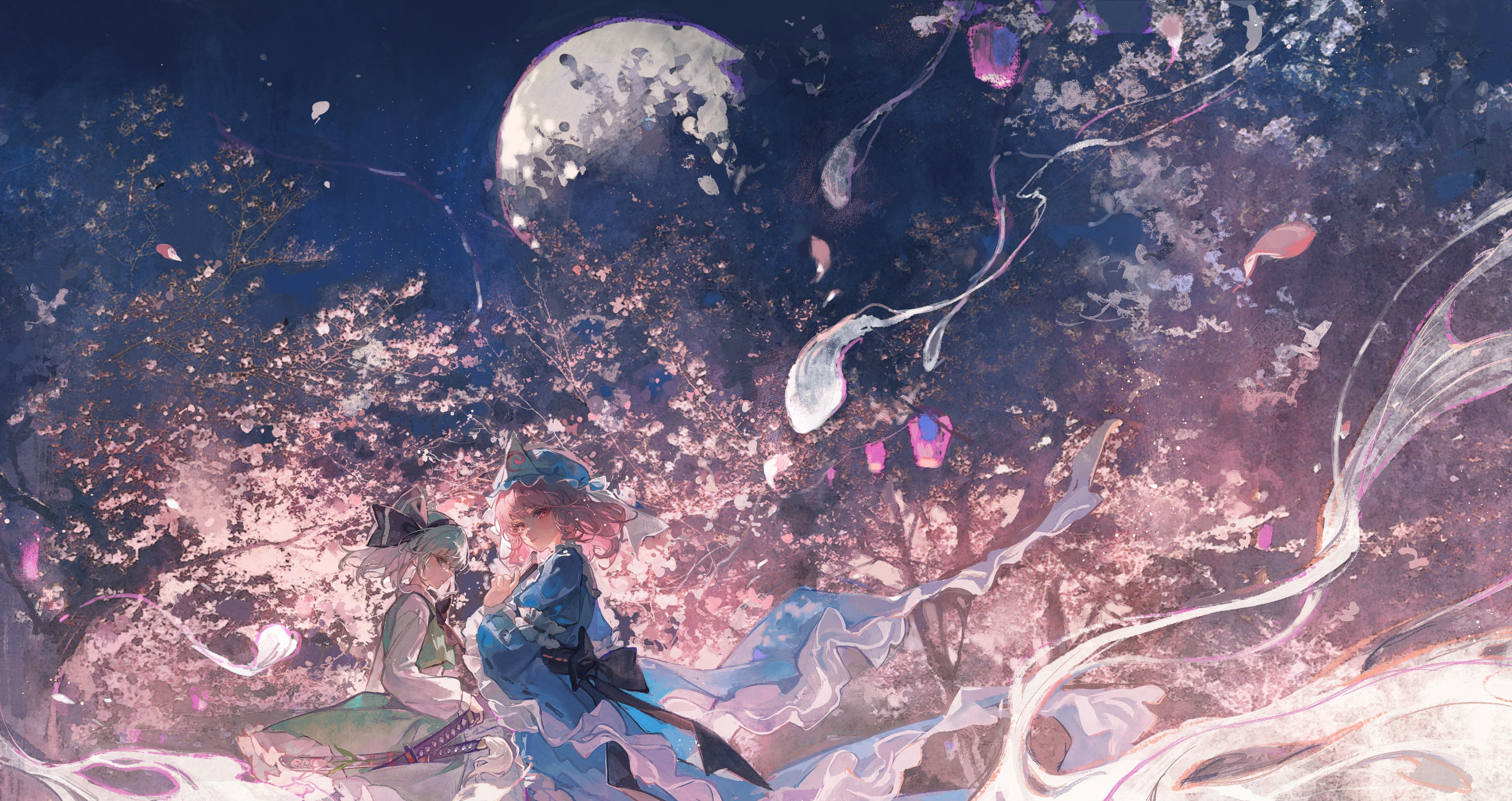 the image is a digital painting or illustration featuring two anime girls, possibly from the touhou project, amidst a scene of cherry blossoms at night under a full moon.  the girls are dressed in flowing, colorful clothing reminiscent of traditional japanese attire.  the style is whimsical and dreamy, with soft colors and a focus on delicate details like the falling petals and swirling fabrics. the overall atmosphere is serene and romantic.  the moon is a prominent feature, and there are ethereal, lightcolored streaks and shapes in the background that enhance the magical feel of the image.
