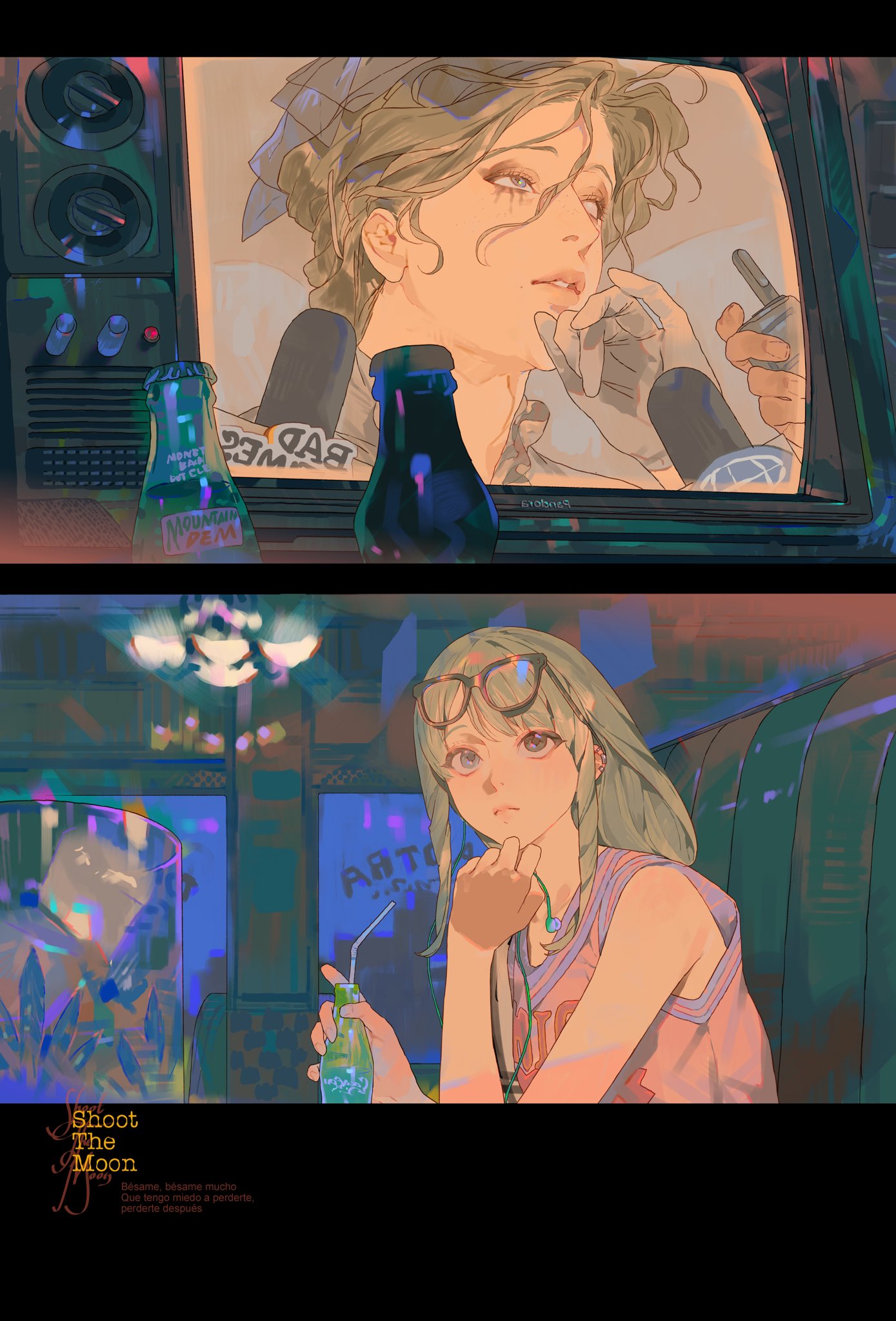the image is a digital artwork in an anime style, divided into two sections. the top section depicts a woman on a vintage television screen. she has fair skin and her hair is in a loose updo. she is wearing a neutralcolored outfit, and there are microphones and hands surrounding her, suggesting she is a reporter or public figure in a news broadcast. in front of the television, there are two beer bottles.the bottom section shows a young girl with green hair and eyeglasses, sitting in a restaurant booth. she is holding a drink with a straw. the restaurant has blue mood lighting. the overall atmosphere is vintage and melancholic. the text "shoot the moon" is visible at the bottom left corner.