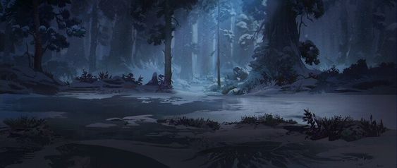 the image is a digital painting of a snowy forest at night. the scene is lit by a full moon, which casts a blue light over the snow. the trees are tall and slender, and their branches are bare. a frozen river runs through the center of the image. the overall atmosphere is one of peace and tranquility.