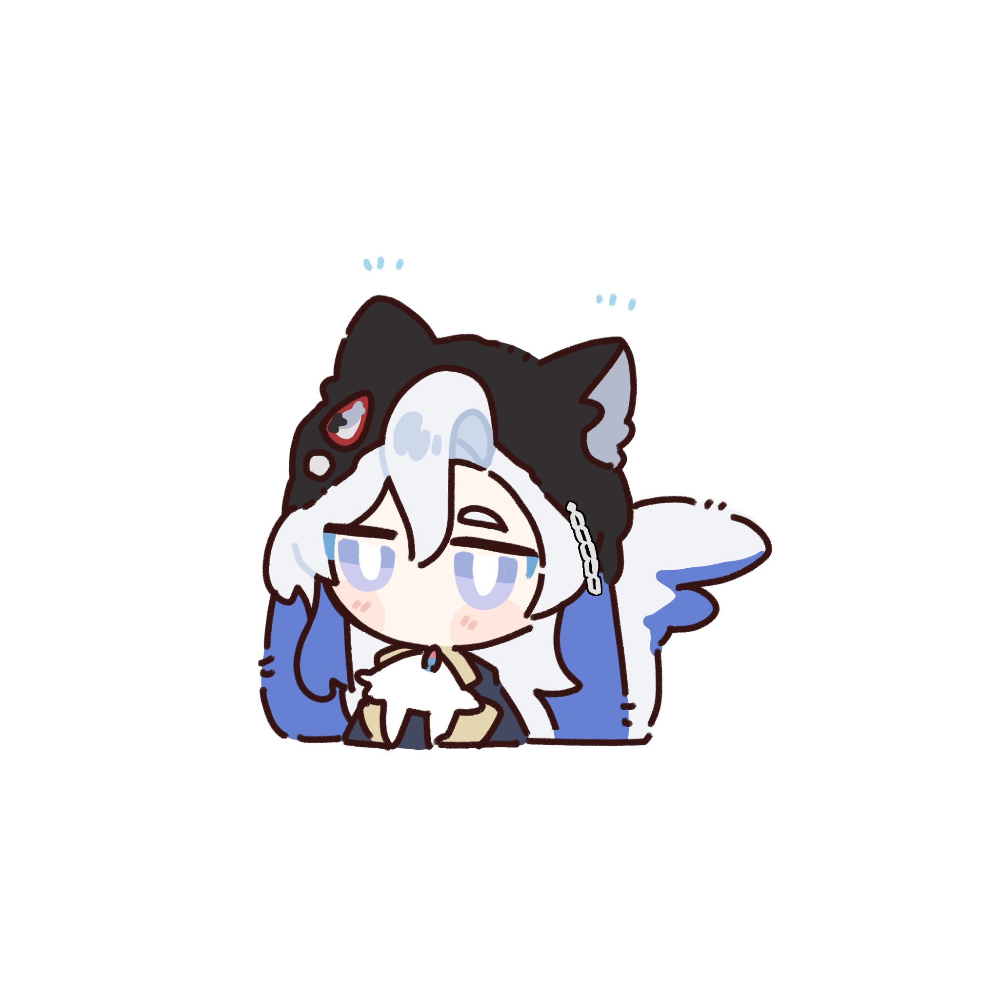 he image shows a cute animestyle chibi girl character. she has long white hair, is wearing a black hoodie with wolf ears, and a blue jacket. her expression is happy and she has a blush on her cheeks. the art style is simple and cartoonish, with soft lines and colors. the overall impression is one of sweetness and innocence.