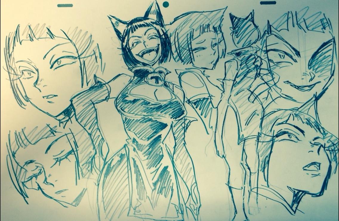 the image is a black and white sketch of a female anime character in various poses and expressions. she has catlike features, with pointed ears and sharp teeth. her hair is dark and styled in a short bob. she is wearing a revealing outfit with a high slit. the drawing is done in a dynamic and expressive style.