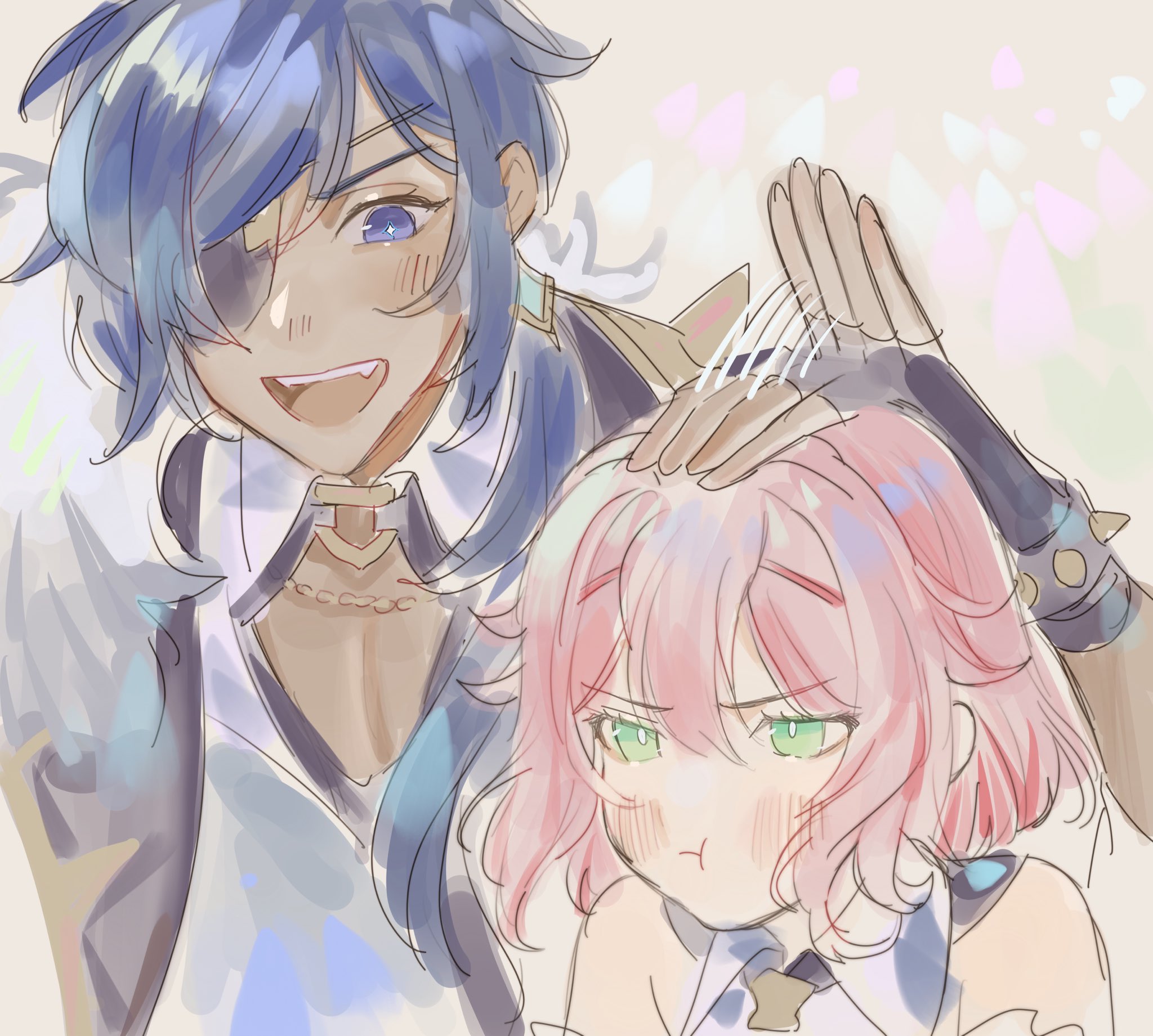 the image is a digital illustration of an anime couple. the girl is blushing and looking down, while the boy is smiling and looking at her. they are both wearing casual clothes and are standing close together. the background is a soft pink and blue with a few white stars. the overall style of the image is cute and romantic.