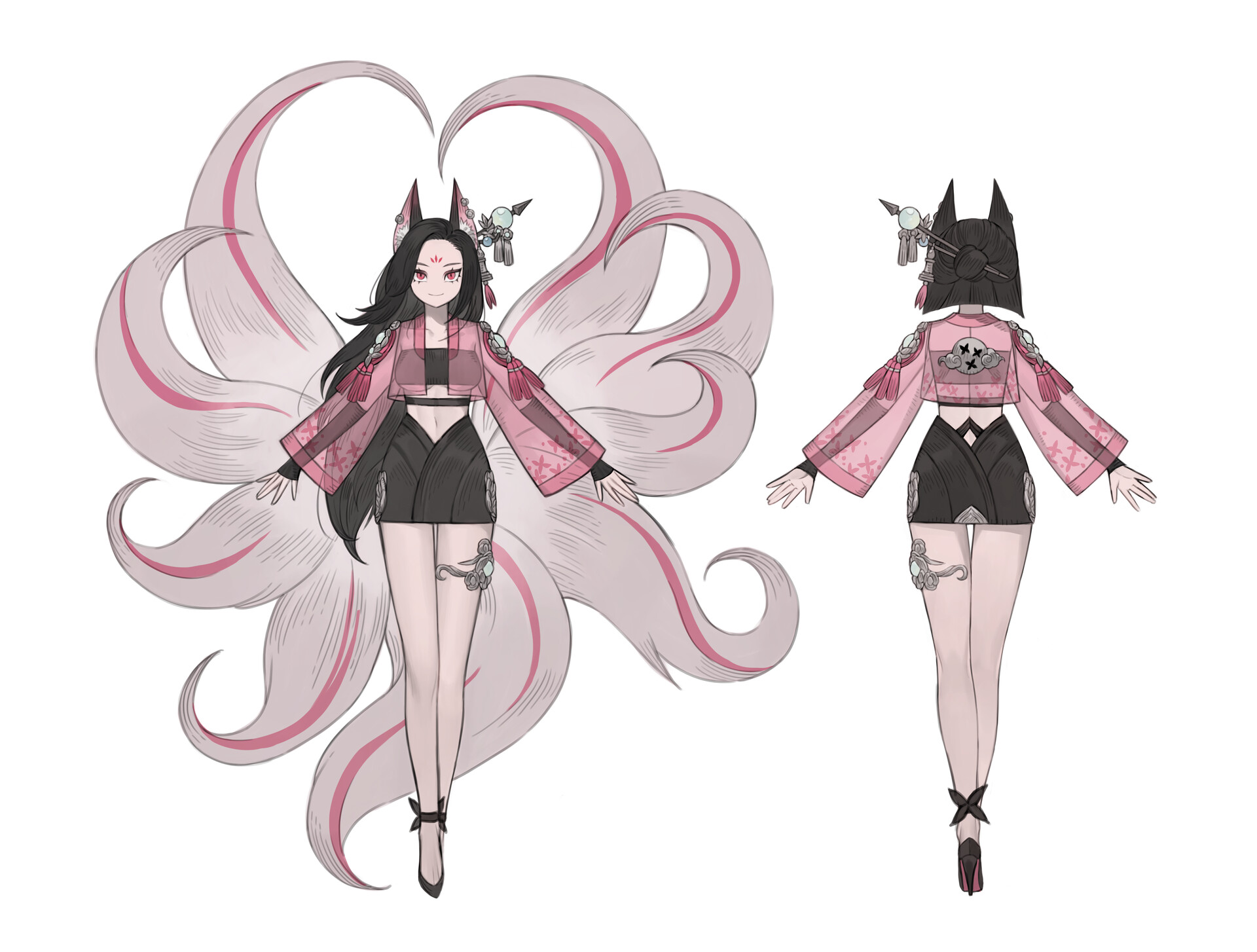 the image showcases a front and back view of a female character concept design. she is a kitsune, a mythical japanese fox spirit, evident from her nine fluffy tails. she has long black hair with a red marking above her right eye and wears a pink, stylized kimono top paired with black shorts and thighhigh stockings. her outfit is accented with white and grey details. the white background isolates the character, allowing for a clear view of the design.