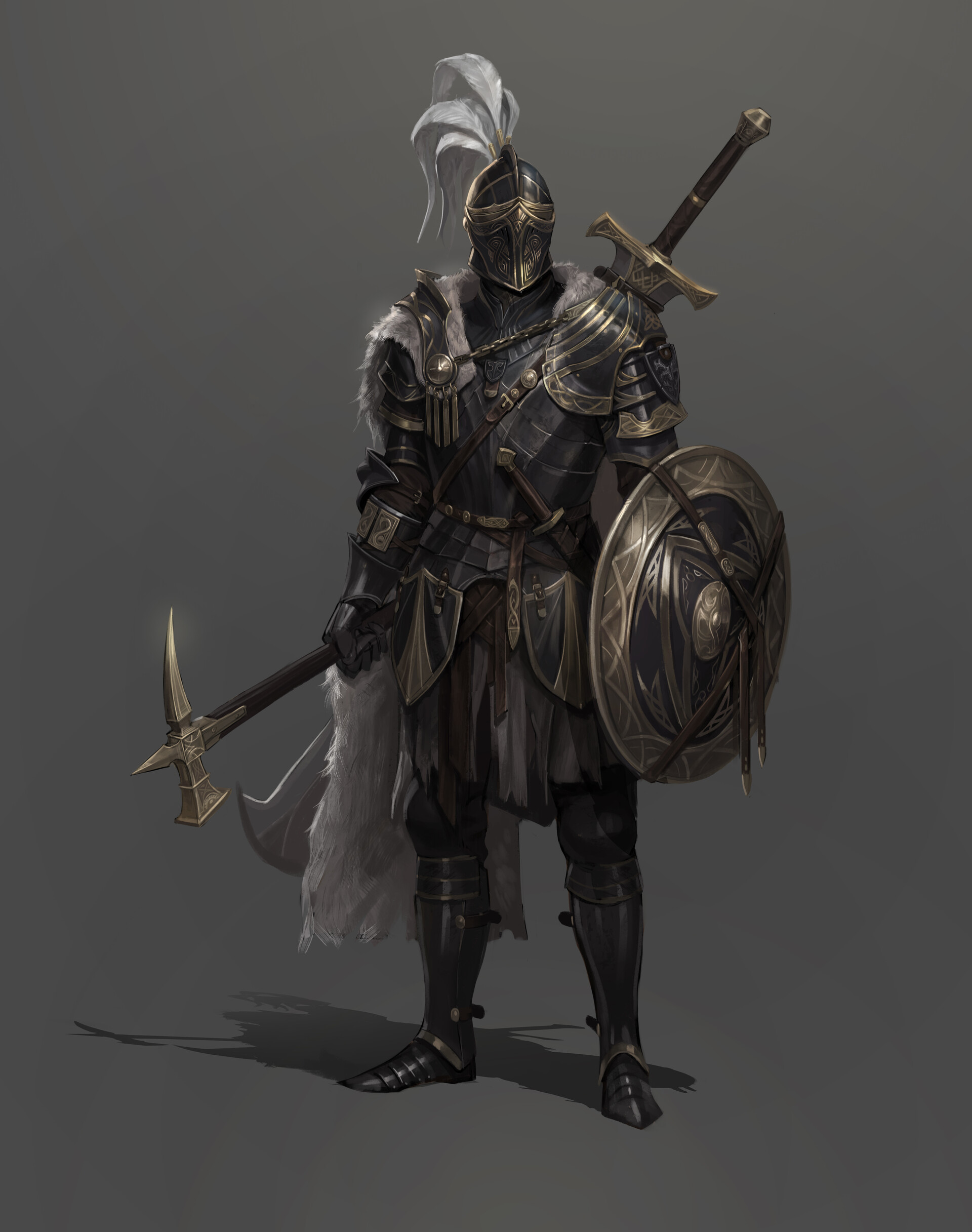 a digital painting of a fantasy knight in full plate armor. the knight is standing at attention, facing the viewer. he is armed with a sword, shield, and warhammer. his armor is dark metal with gold accents, and he has a white plume on his helmet.  the background is a neutral gray.