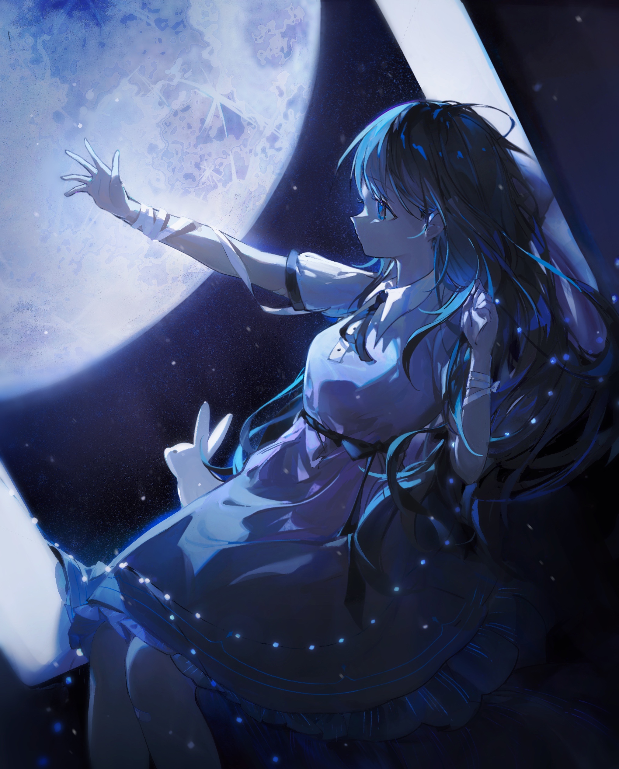 the image depicts a beautiful anime girl with long blue hair, wearing a light blue dress. she is floating in space, reaching towards a large, luminous moon.  she has bandages on her arm and there is a small white rabbit near her. the overall atmosphere is dreamy, ethereal, and magical, with a focus on soft blues and purples contrasted against the dark background of space. the style is digital painting or illustration, with a focus on atmospheric perspective and soft lighting.