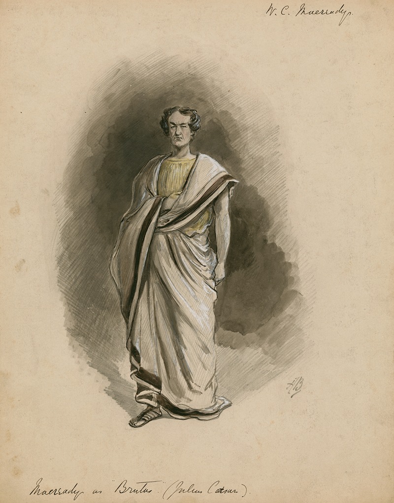 a watercolor portrait depicts william charles macready as brutus from julius caesar. he stands facing forward, draped in a white toga with a yellow tunic underneath. his expression is serious. the background is a shaded wash. handwritten text identifies the subject and role.