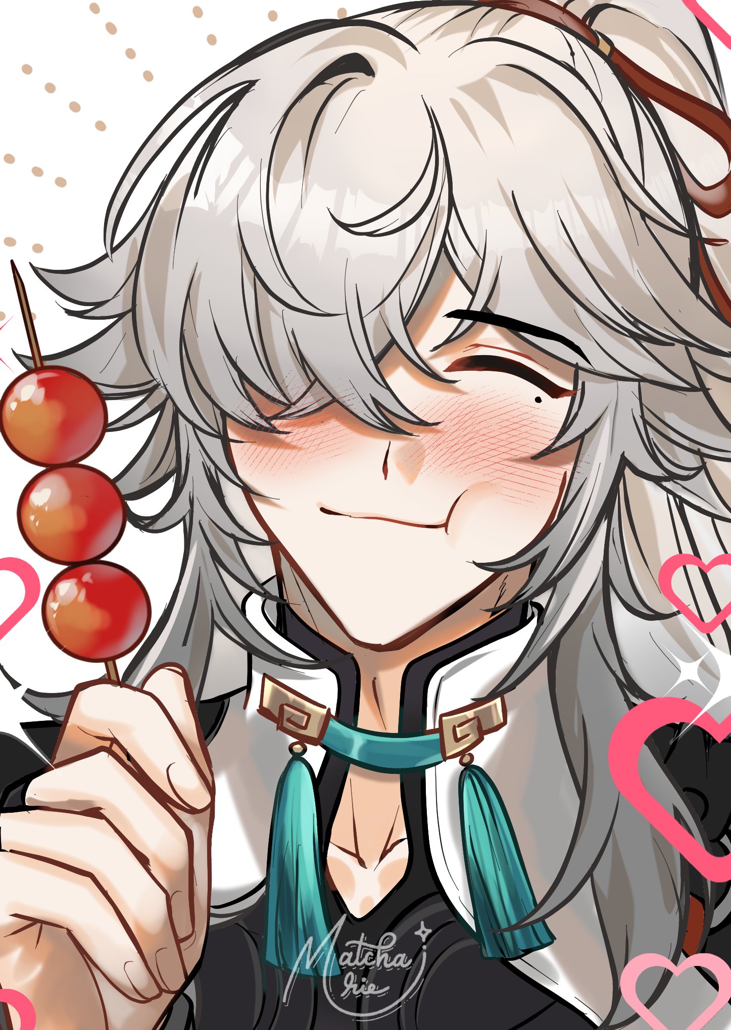 the image is an animestyle illustration of a young man with long white hair and blue eyes. he is smiling happily, with a blush on his cheeks, and is holding a skewer of red candy. he is dressed in a traditional chinesestyle outfit, including a kimono with a blue collar and tassels. the background is filled with pink hearts, which are also present in the foreground.