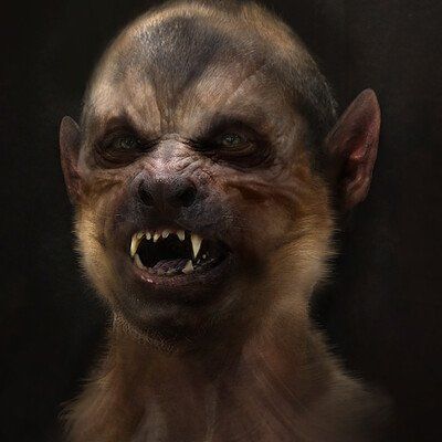 a menacing portrait of a werewolflike creature with sharp fangs, pointed ears, and a generally frightening appearance against a dark background. the creature's face is a hybrid of human and canine features, conveying a sense of horror and evil.