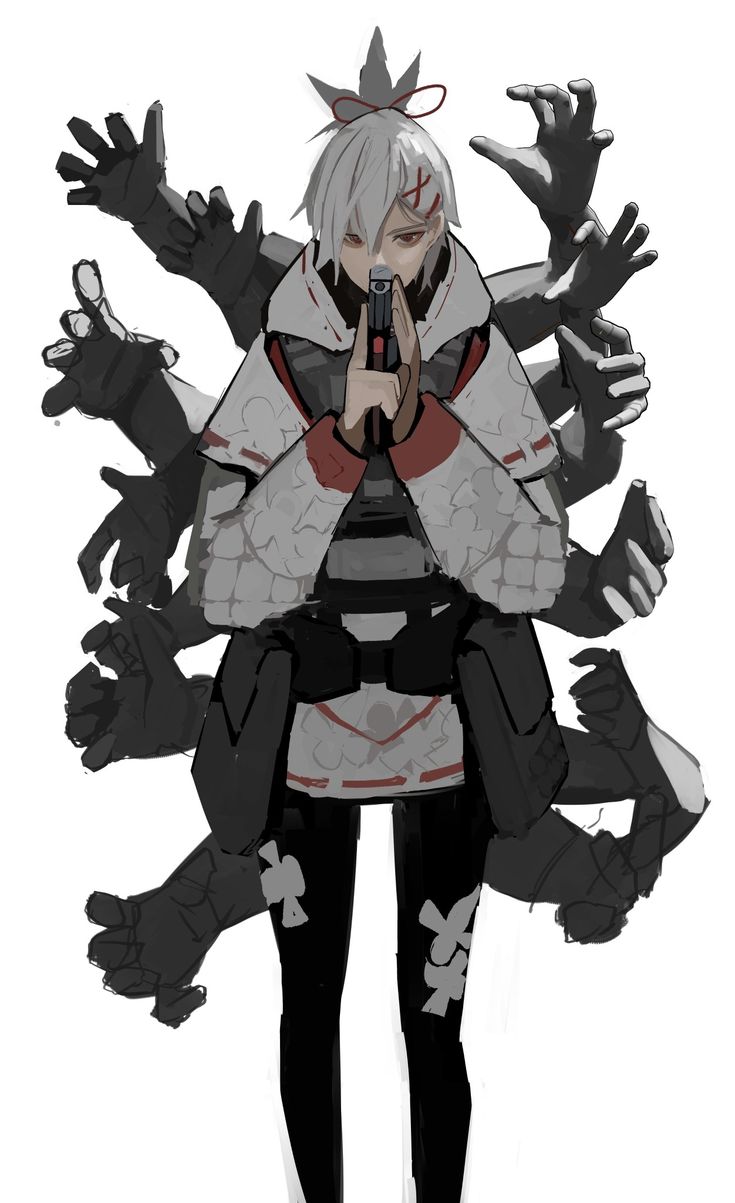 a digital art illustration of an anime girl with white hair and red eyes. she is wearing a white shirt, black leggings, and a black jacket. she is holding a gun in her right hand and has multiple arms surrounding her. the art is drawn in black and white with red highlights.