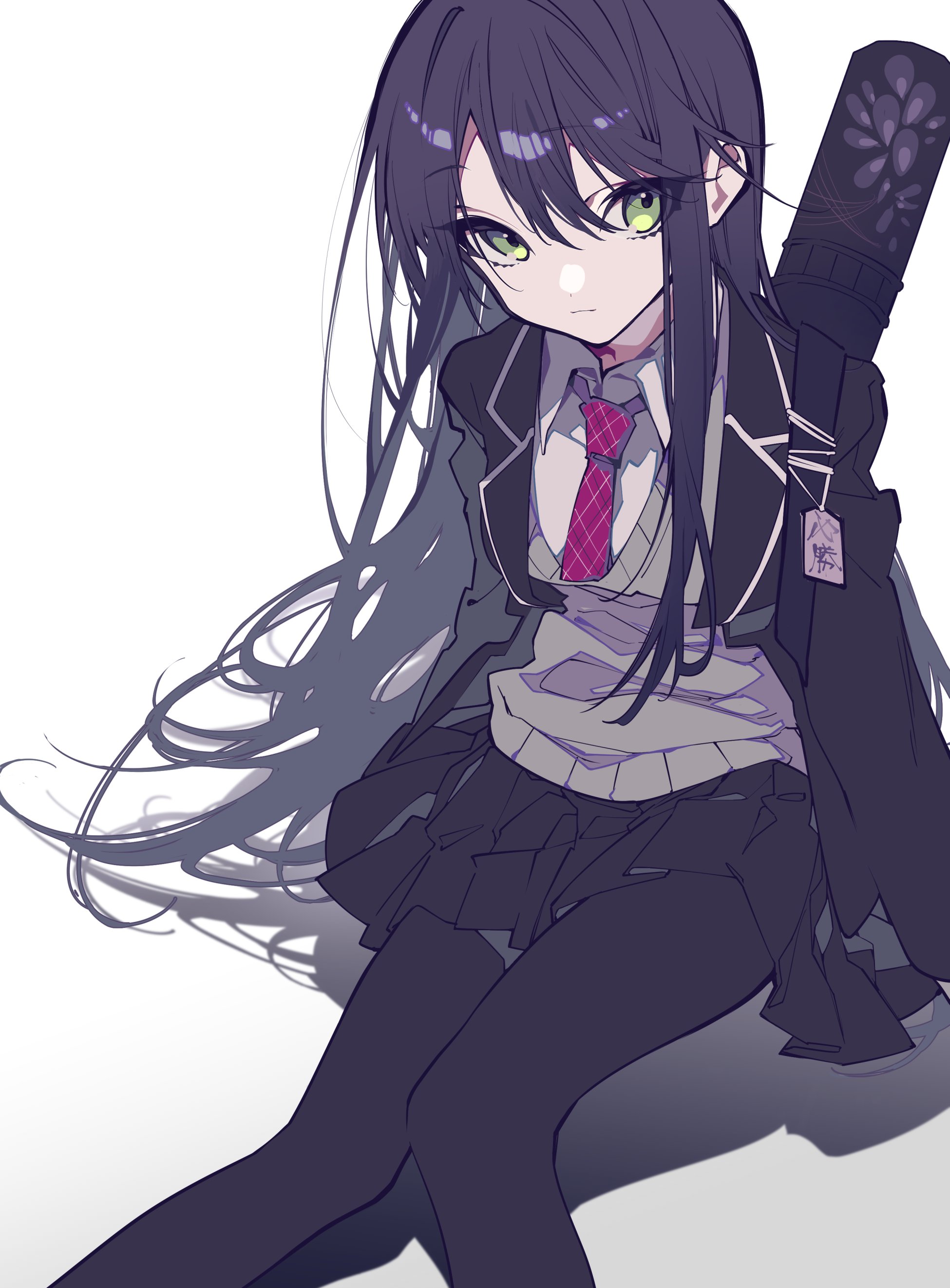 a fullbody image of an anime girl with long, darkpurple hair and green eyes, sitting. she is wearing a school uniform, including a black blazer, a light gray sweater vest, a white collared shirt, a pink and black patterned tie, and a dark skirt. she also wears dark tights. behind her is a dark case with a floral design, possibly for a musical instrument, with a tag attached. the image has a limited color palette and is set against a plain white background.