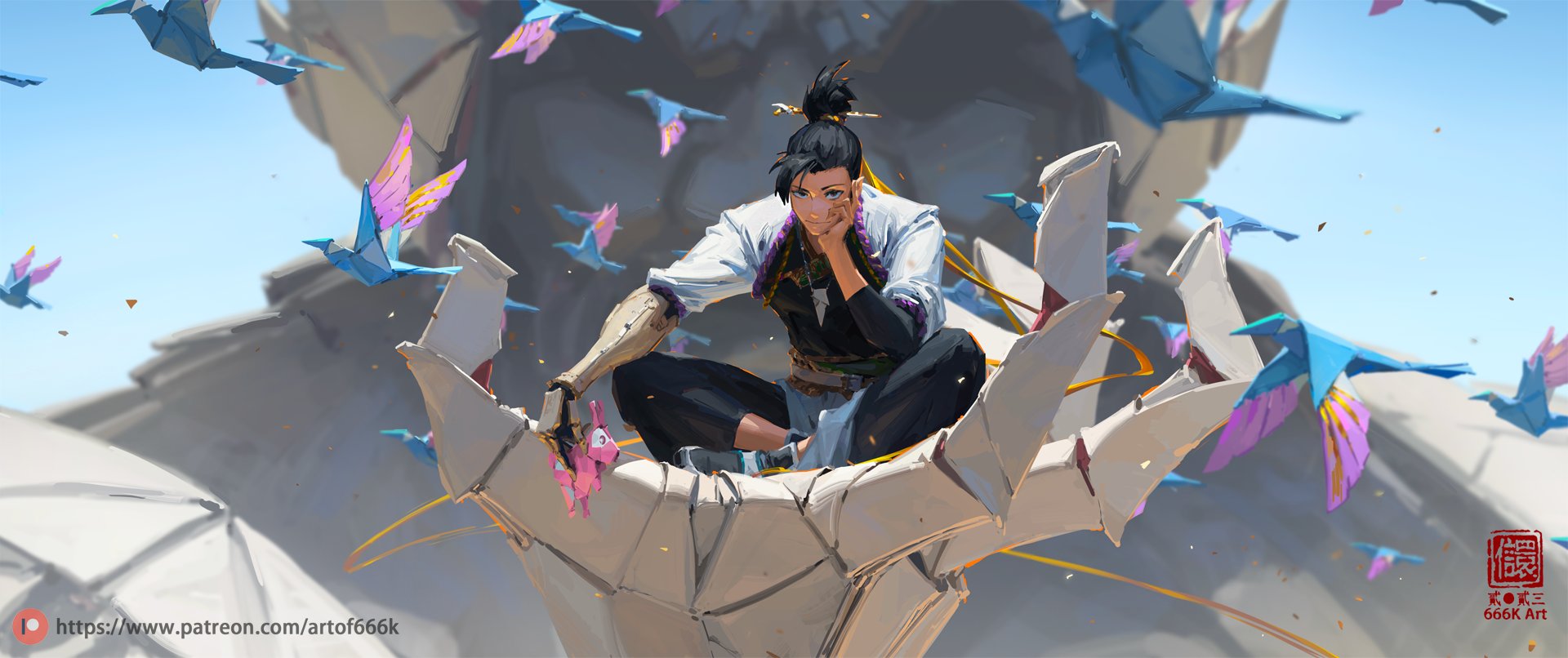 the image is a vibrant digital painting or illustration in a fantasy anime style. the central focus is a young male character with a cyborg arm, who appears calm and serene, seated on a large, sculpted origamilike hand. this hand is part of a larger, partially visible mecha or robotic structure.  the character is dressed in an outfit with asianinspired elements, and his expression is peaceful. numerous origami birds, in various shades of blue and purple, are gracefully floating around him and the mecha, creating a sense of peace and wonder. the overall color palette is soft and pastel, further emphasizing the tranquility of the scene. a watermark featuring "666k art" and a patreon link is visible.