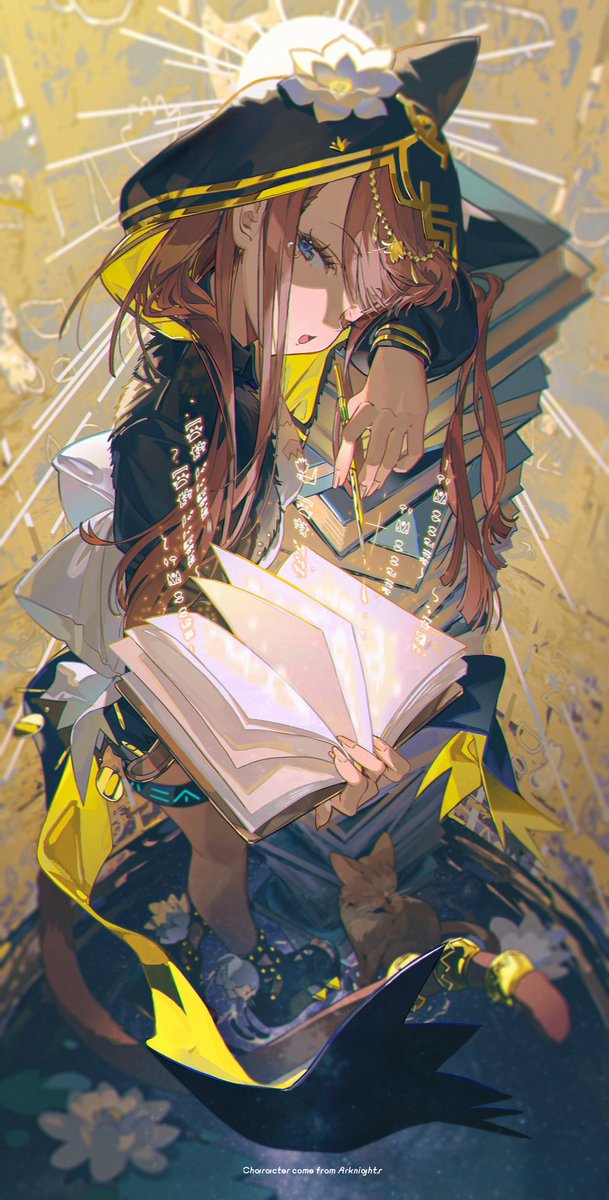 a young girl with long, flowing pink hair sits atop a mountain of books, her blue eyes focused intently on the glowing pages of the tome in her hands. dressed in a black and yellow outfit adorned with intricate details and a pointed hat, she exudes an aura of scholarly enchantment. the background shimmers with golden hues, hinting at the magical nature of her studies.