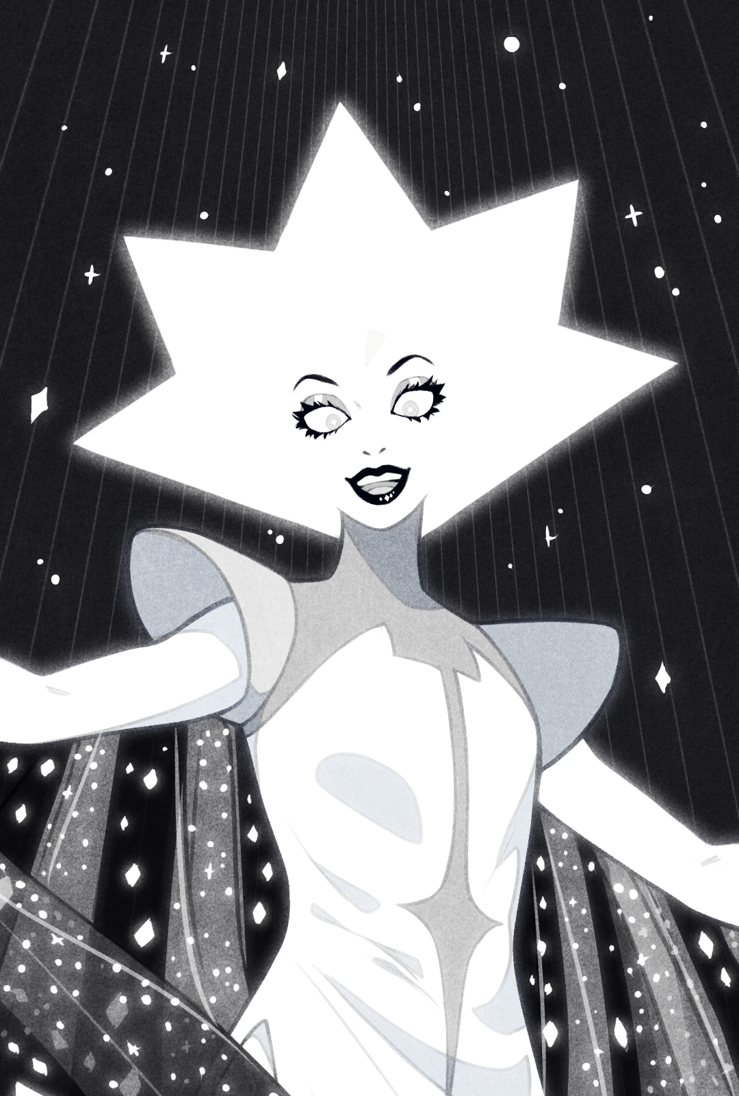 this is a digital fanart drawing of white diamond from steven universe. she is depicted from the waist up, facing the viewer with her arms outstretched. she is wearing her typical white attire with a starshaped hair and a mischievous smile. the background is dark with white lines resembling rays of light and small fourpointed stars.