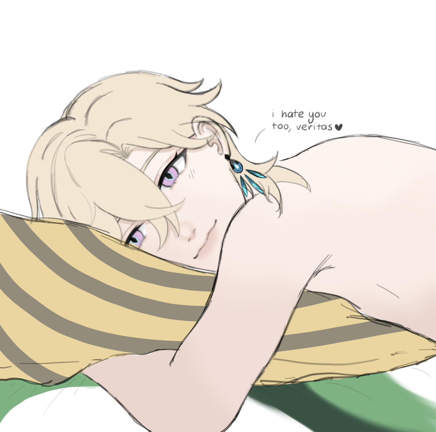 an anime style digital illustration of a character lying down on a striped pillow and a green surface, with the text "i hate you too, veritas" near the character's head. the character has blond hair, light skin, and purple eyes. they are wearing a blue earring.