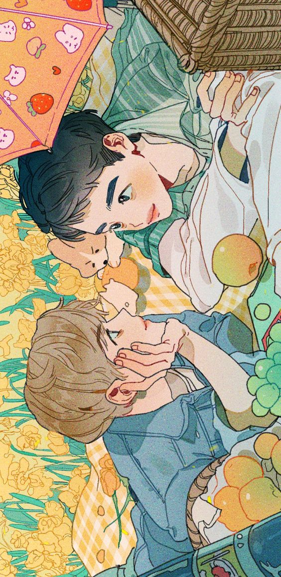 two boys lay facing each other on a picnic blanket in a field of yellow flowers. one boy has dark hair and is wearing a green and white striped shirt. the other boy has lighter hair and is wearing a blue shirt. they are surrounded by picnic items like a basket, fruit, and an umbrella.  the overall style of the image is soft and romantic with a pastel color scheme.