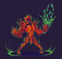 an illustration of a red knight standing triumphantly with a glowing green sword raised high. the style is cartoonish and dynamic, with exaggerated proportions and bold outlines. the knight's armor is intricate and detailed, with glowing accents that highlight its power. the background is a dark purple, which contrasts with the bright colors of the knight and sword.