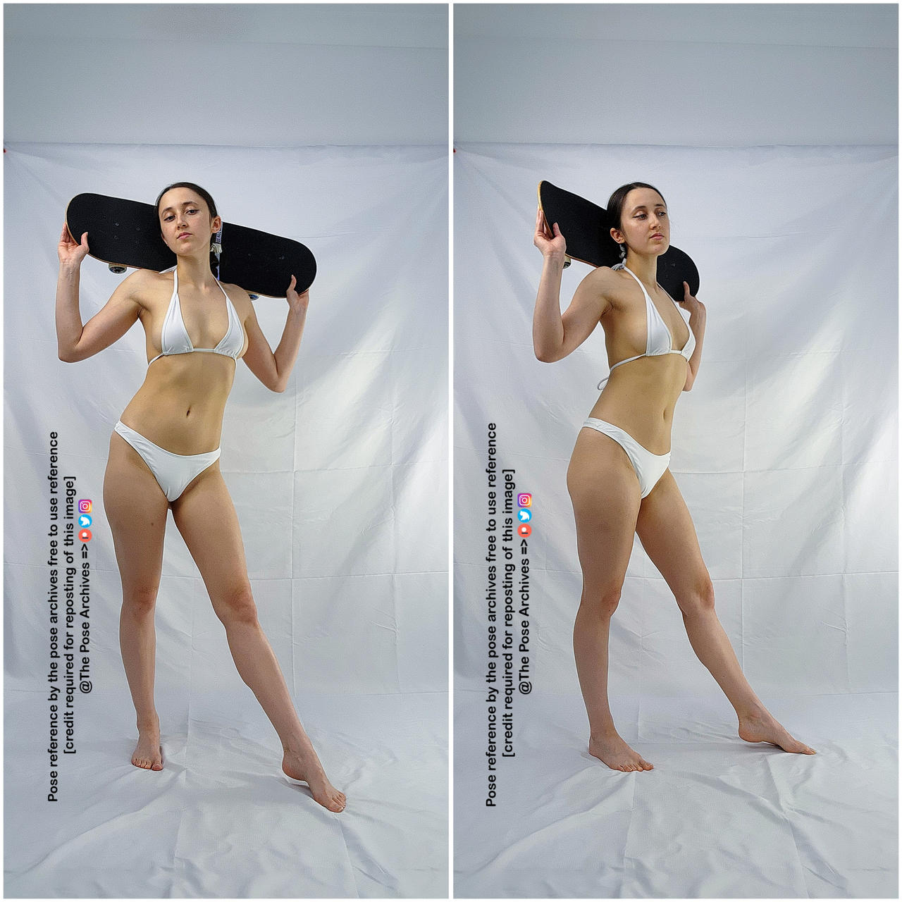 a young woman with long brown hair is posing in a white bikini. she is holding a black skateboard over her shoulders and looking directly at the camera.  she is standing in front of a white backdrop in a studio setting. the image is a diptych, with the same pose repeated twice.