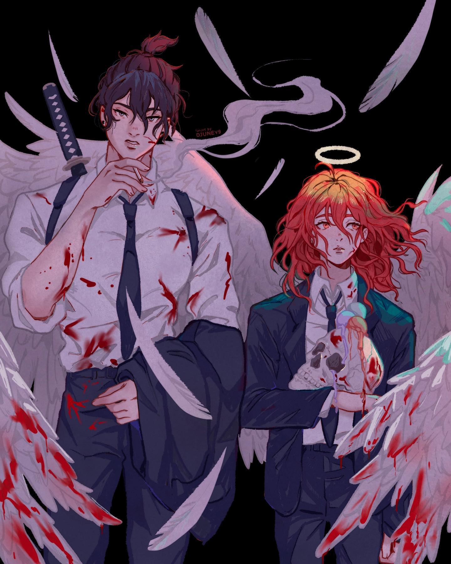 he image is a digital fanart depicting two animestyle characters, one male and one female, both with large, white angel wings stained with blood. the male character on the left is wearing a white shirt, a dark tie, and a dark suit. he holds a katana at his side, his hand resting on the hilt and his other hand holding a cigarette to his lips. he has a serious expression and several bloody wounds on his clothing.  the female character on the right has a halo above her head, orangered hair, and is wearing a dark suit and tie. she holds a skull dripping with what appears to be ice cream. both characters have a dark and somewhat gothic aesthetic. the background is dark, with smoky effects adding to the somber atmosphere. the style is highly stylized and detailed, with a focus on creating a dramatic and visually striking image.