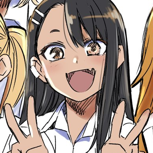 he image is a close up illustration of an anime girl with black hair and brown eyes. she is smiling and holding up two peace signs.  she has an earphone in her left ear.  she is wearing a white shirt.