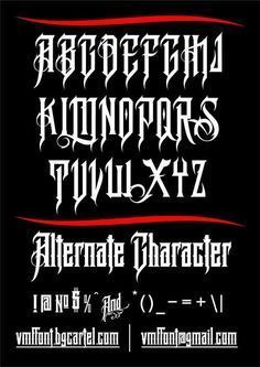 the image is a display of an alphabet font named "alternate character." the font is a bold, gothicstyle typeface with intricate flourishes and sharp angles. the image showcases the uppercase letters of the alphabet, as well as a selection of additional characters, including punctuation marks and symbols. the font is presented on a black background with red lines above and below, creating a stark contrast. the image also includes the website and email address of the font designer.