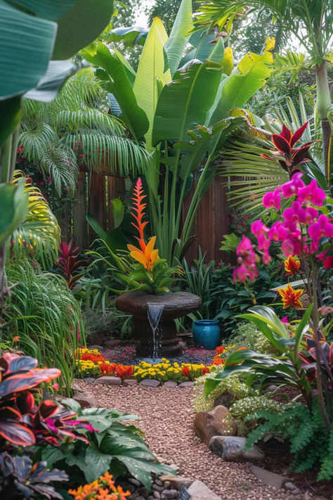 a vibrant tropical garden with lush greenery, a variety of colorful flowers including orchids and bromeliads, and a central stone fountain with flowing water. a gravel pathway leads through the garden, inviting exploration.