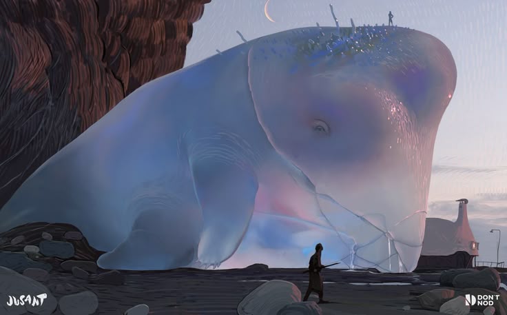 a large, translucent blue whalelike creature lies on a rocky beach near some houses. a man stands in front of the creature, and there is a crescent moon in the sky. the logos for "jusant" and "don't nod" are visible in the bottom corners. there's a smaller figure standing on top of the whale.