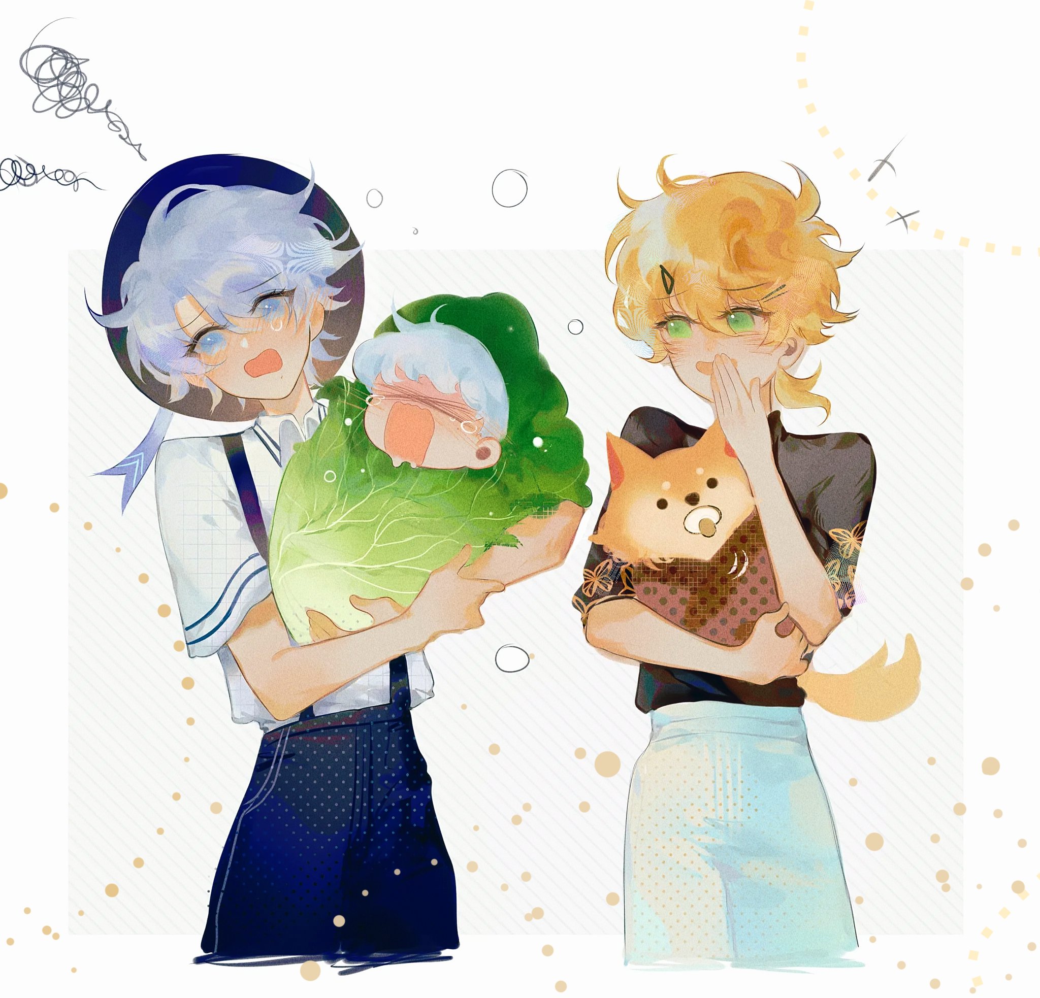 he image is a digital painting or illustration in a soft, pastel style. it depicts two animestyle boys.  one boy has silverywhite hair and a dark hat; he's holding a baby wrapped in a cabbage. the other boy has blond hair and is holding a small shiba inu dog. both boys have a gentle and joyful expression. the style is reminiscent of fanart, possibly from a specific anime or manga.  the overall feel is lighthearted and cute.