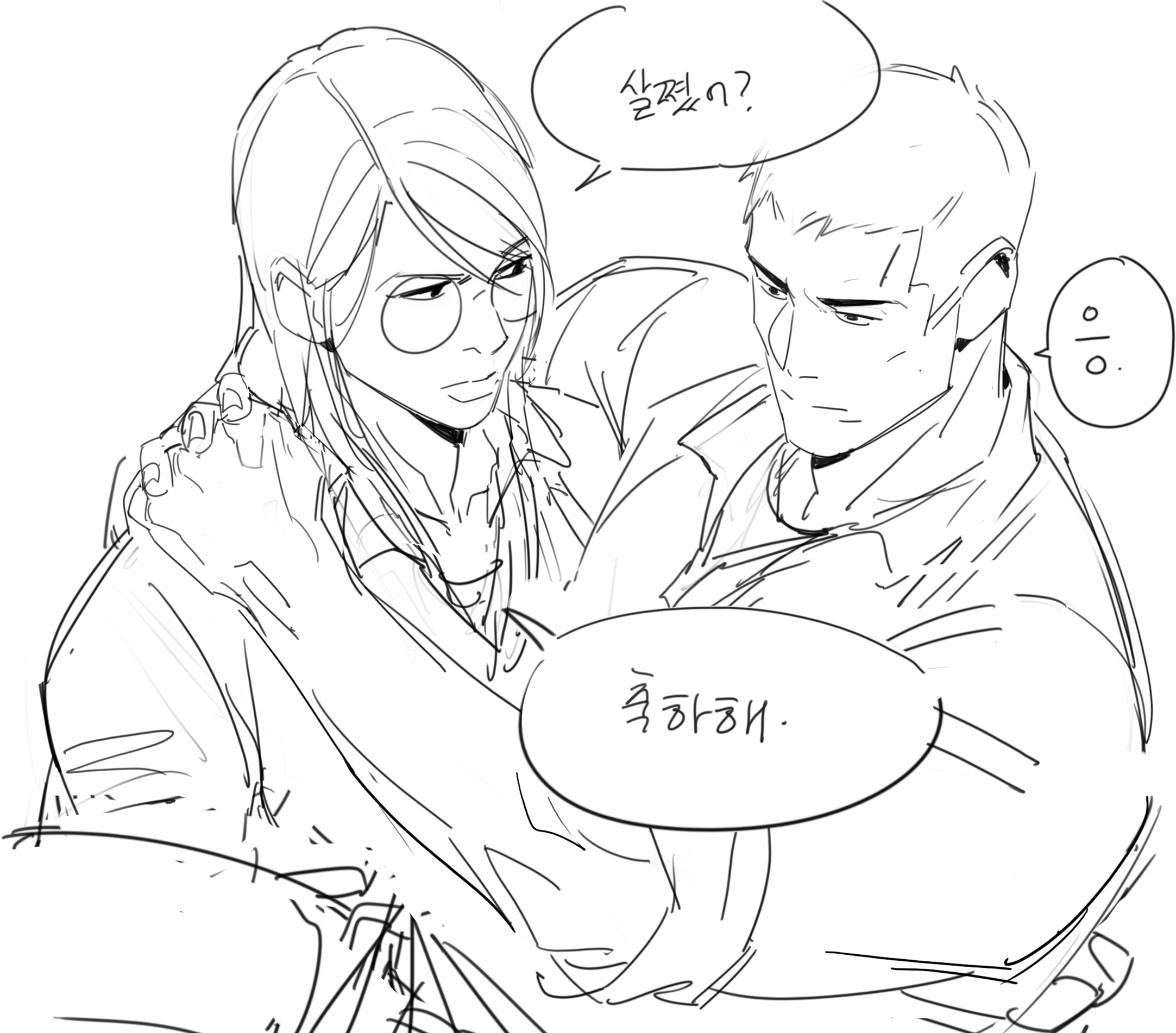 the image is a black and white line drawing, possibly a manga or anime style sketch, depicting two men in an embrace.  one man has long hair and glasses; the other has shorter hair.  they appear to be emotionally close, possibly romantically involved. korean text is visible in speech bubbles, indicating dialogue between the characters. the style is loose and expressive, focusing on the emotion and connection between the two figures rather than precise detail. the overall impression is one of intimacy and affection.