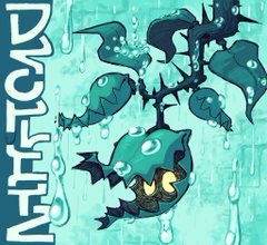 the illustration features a whimsical, cartoonish plant monster submerged in a dripping, aquatic environment. its vibrant blue and green hues suggest a connection to water, while its sharp thorns and toothy grin hint at a mischievous nature. the creature's design blends organic elements like vines and leaves with more menacing features, creating a captivating visual contrast.