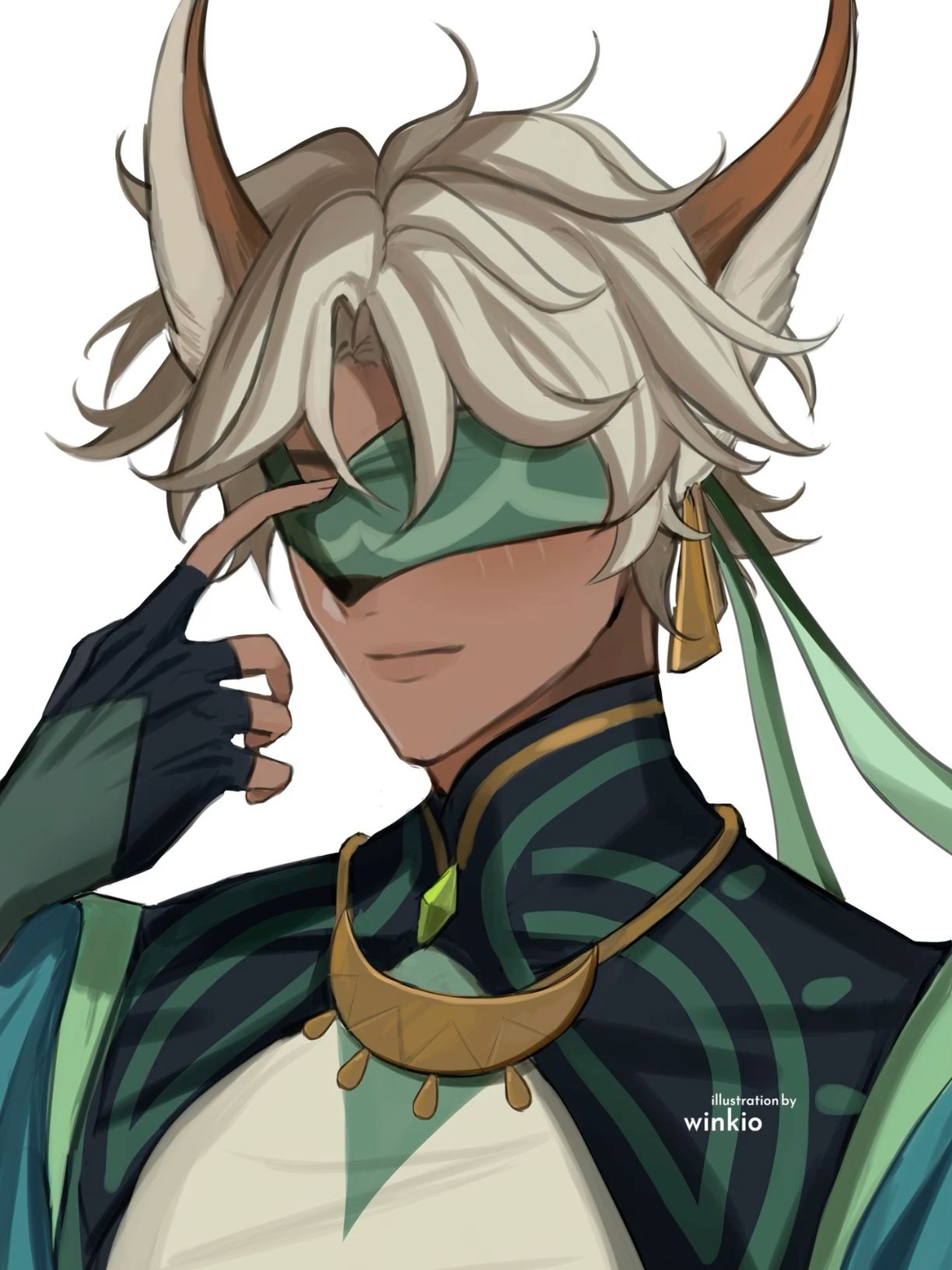 the image shows a closeup portrait of a young man with white hair and horns. he has a blindfold over his eyes and is adjusting it with his right hand. he is adorned with jewelry, including earrings, a necklace, and armbands. the art style is reminiscent of anime and fantasy, and the lighting is soft, giving the image a gentle and inviting feel.
