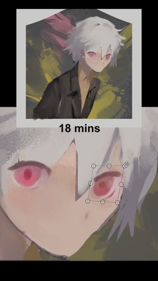 the image is a digital painting timelapse showing the progress of an animestyle portrait. the top panel displays the finished artwork after 18 minutes, depicting a young person with white hair and intense red eyes, wearing a dark jacket. the background is abstract and painterly. the lower panel shows a closeup of the painting in progress, focusing on the character's eye as it's being refined.  a small selection box indicates the area being worked on at this stage. the text "18 mins" separates the finished piece and the work in progress. the overall style is loose and painterly, characteristic of digital art focusing on atmospheric effect and emotion.