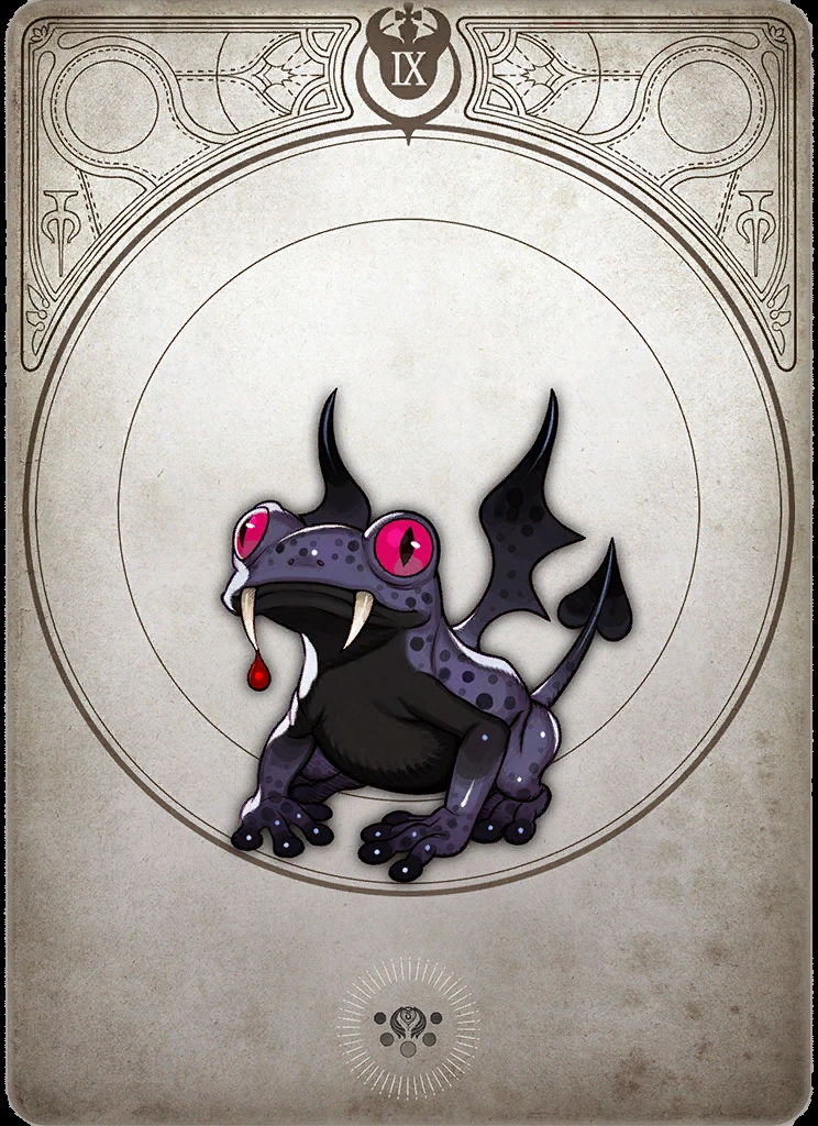 the image is an illustration of a demon frog on an old, decorated card. the frog is black with gray spots and has bat wings, red eyes, and a forked tail. there is a drop of blood dripping from its fangs. the card has a roman numeral nine at the top and decorative elements around the border in black and gray.