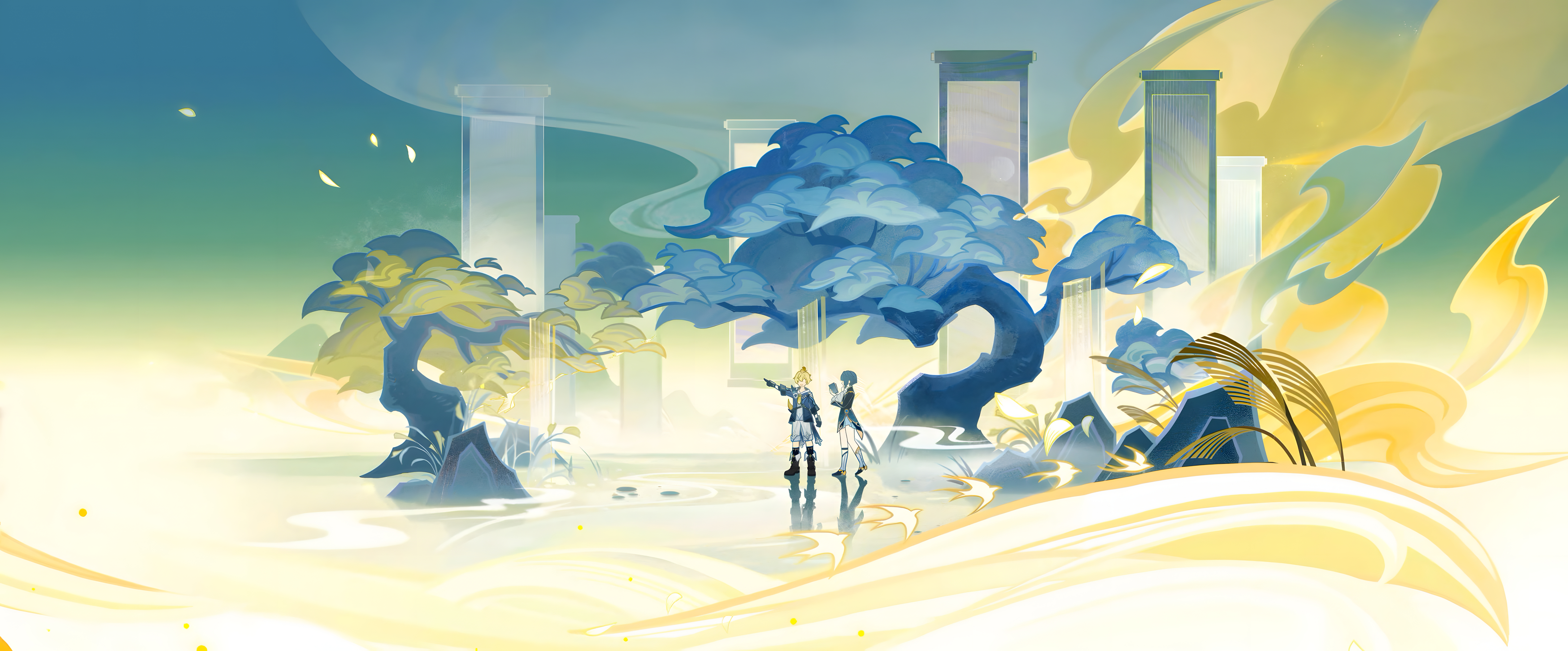 an animestyle illustration depicting a fantasy landscape with two figures standing in the foreground. they are in a forest with tall trees and bright blue, green, and yellow colors throughout the illustration. the sky is clear, with fluffy white clouds. the ground is covered in a soft, yellow light, with a small stream running through it.