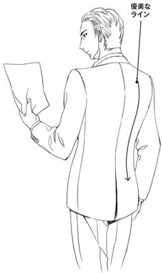 it's a black and white fashion illustration of the back of a man wearing a suit, looking at a piece of paper in his left hand. there are japanese characters labeling the illustration.